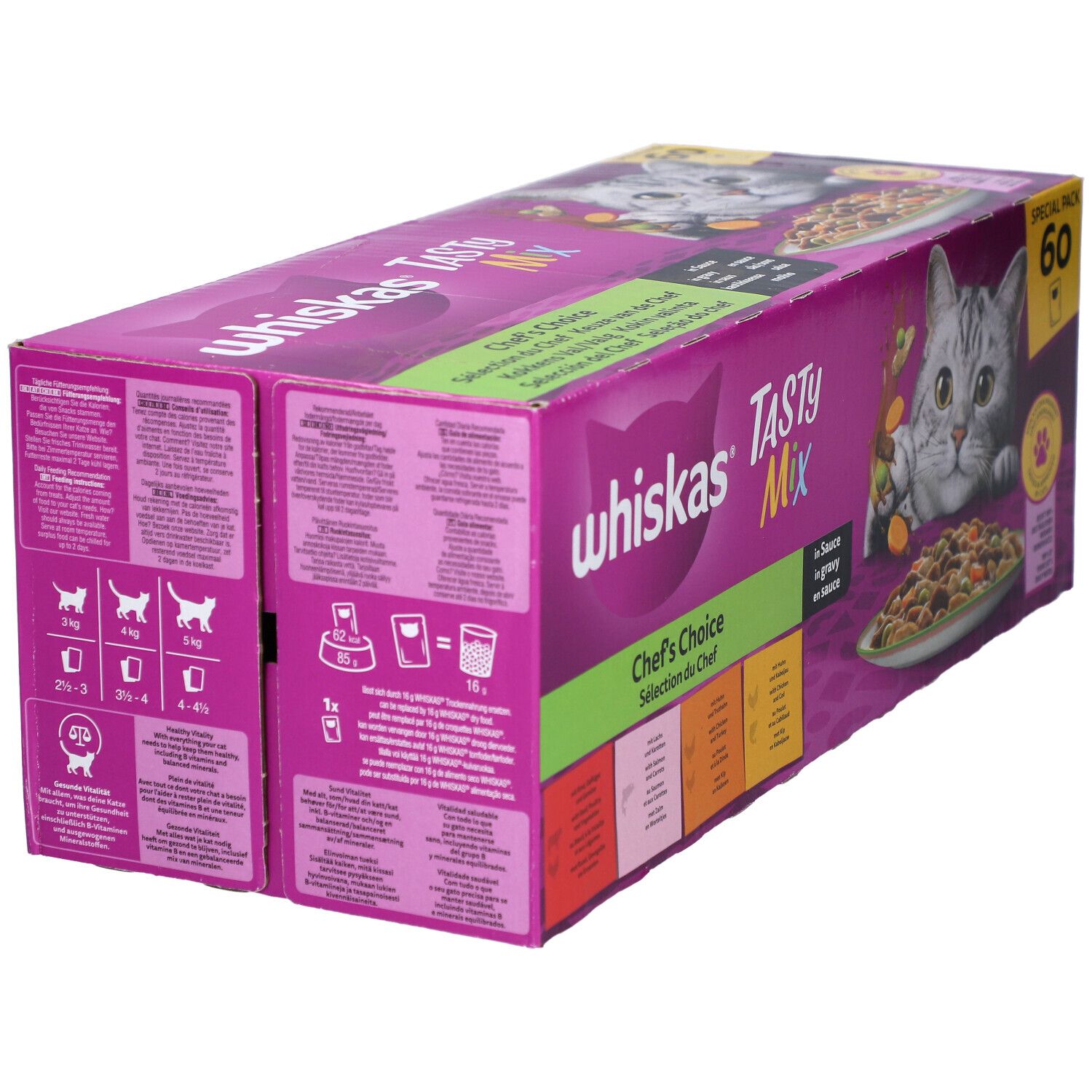 Karton WHISKAS Tasty Mix, Ansicht von der Seite. Aufdruck: Chef's Choice. Abbildungen von Futter und Fütterungsempfehlungen.