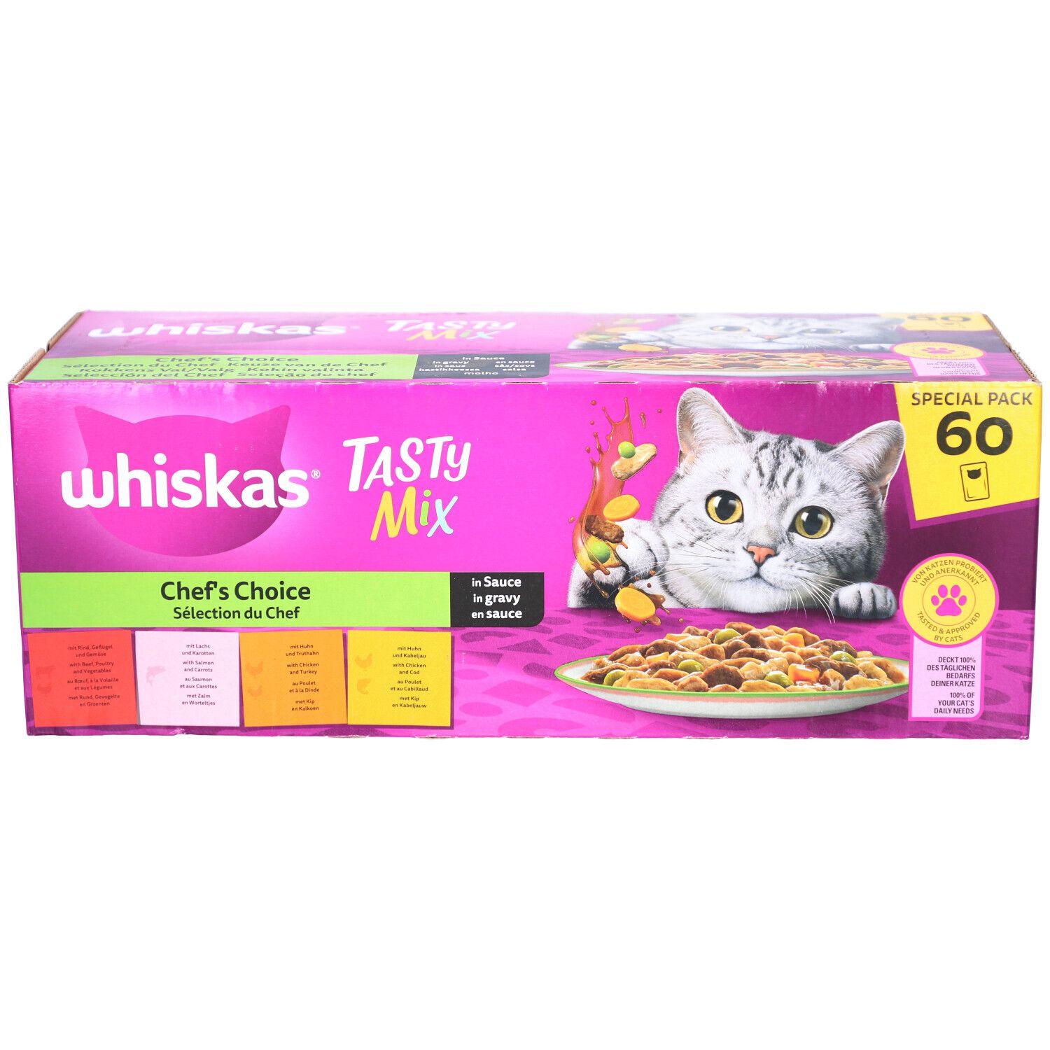 Karton WHISKAS Tasty Mix. Aufdruck: Chef's Choice, 60 Beutel. Abbildung einer Katze und Futter.