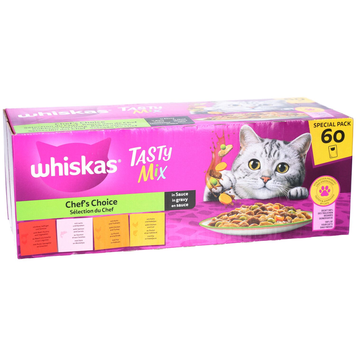 Karton WHISKAS Tasty Mix. Aufdruck: Chef's Choice, 60 Beutel. Abbildung einer Katze und Futter.