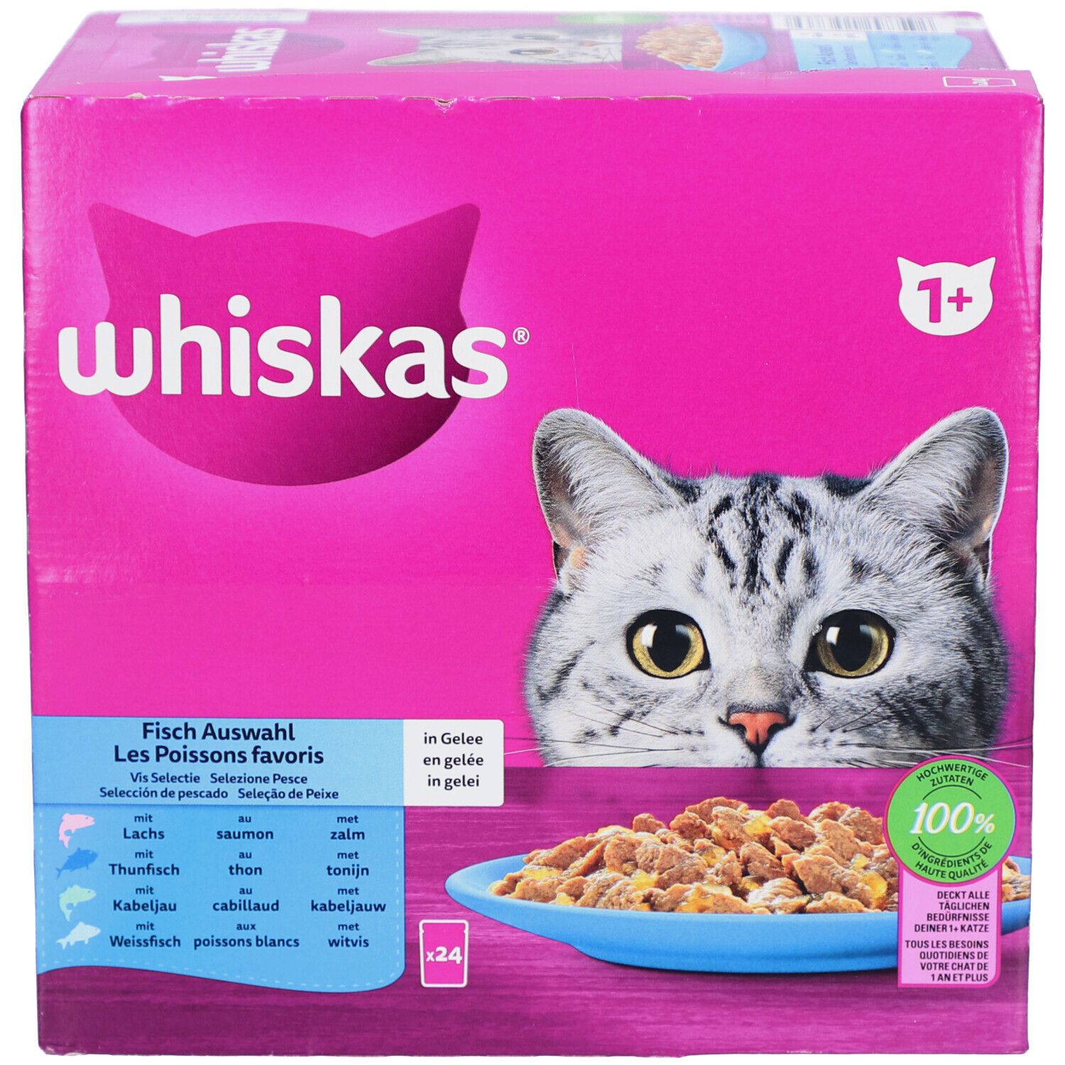 Rosa Kartonbox mit Whiskas-Logo und Katzenfoto. Auswahl an Fischsorten in Gelee. 100% Komplett. 24 Beutel.