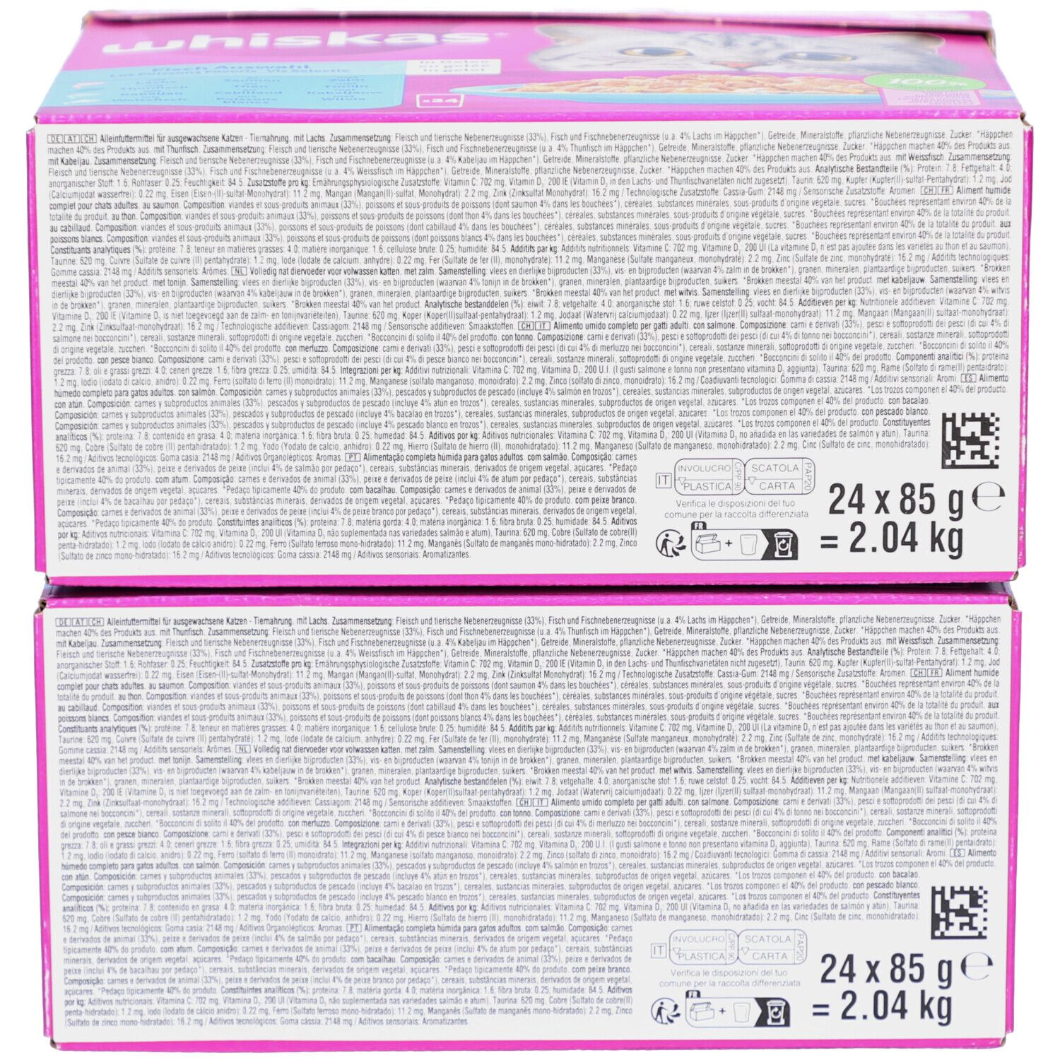 Zwei gestapelte Kartons mit Whiskas-Produktinformationen. Text in mehreren Sprachen. 24 x 85g = 2.04 kg.