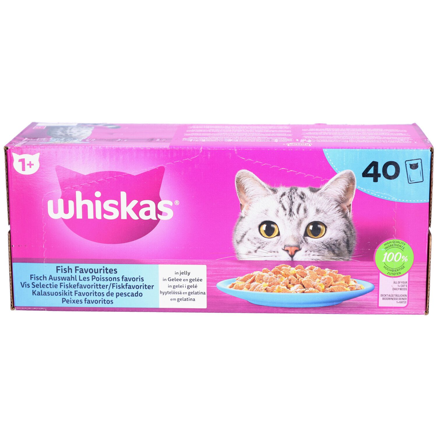 Rosa Karton mit Whiskas-Logo und Katzenabbildung. Enthält 40 Beutel Fisch-Favoriten. 1+ Altersangabe.