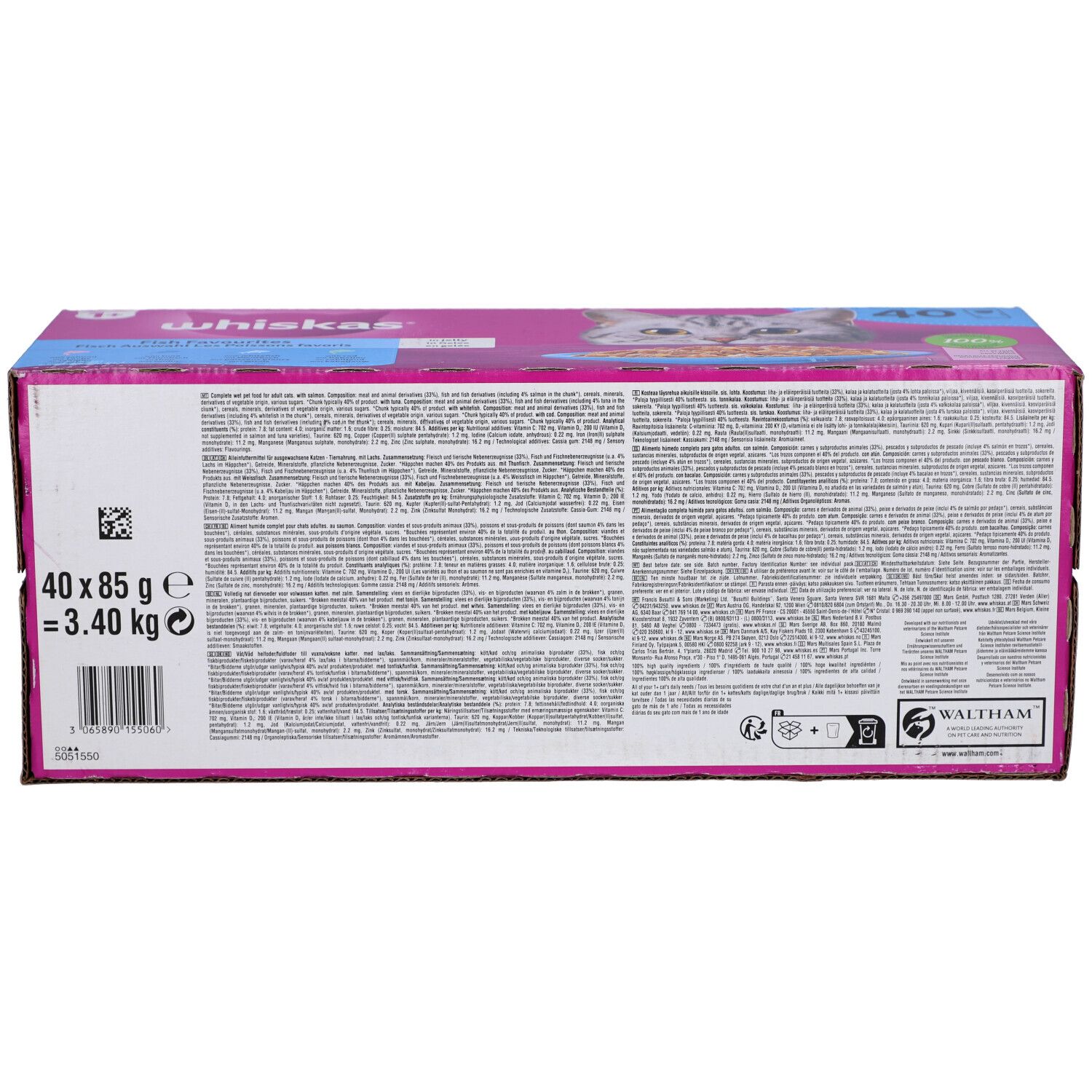 Rückseite der Whiskas-Box. Enthält Text, QR-Code, Gewichtsangaben und das Waltham-Logo.