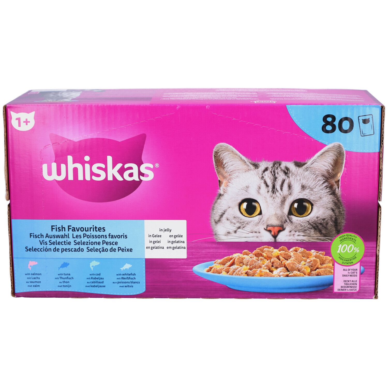 Rosa Karton mit "whiskas"-Logo, Katze und Futter. "Fish Favorites" in mehreren Sprachen. 80 Beutel, 100% komplett.