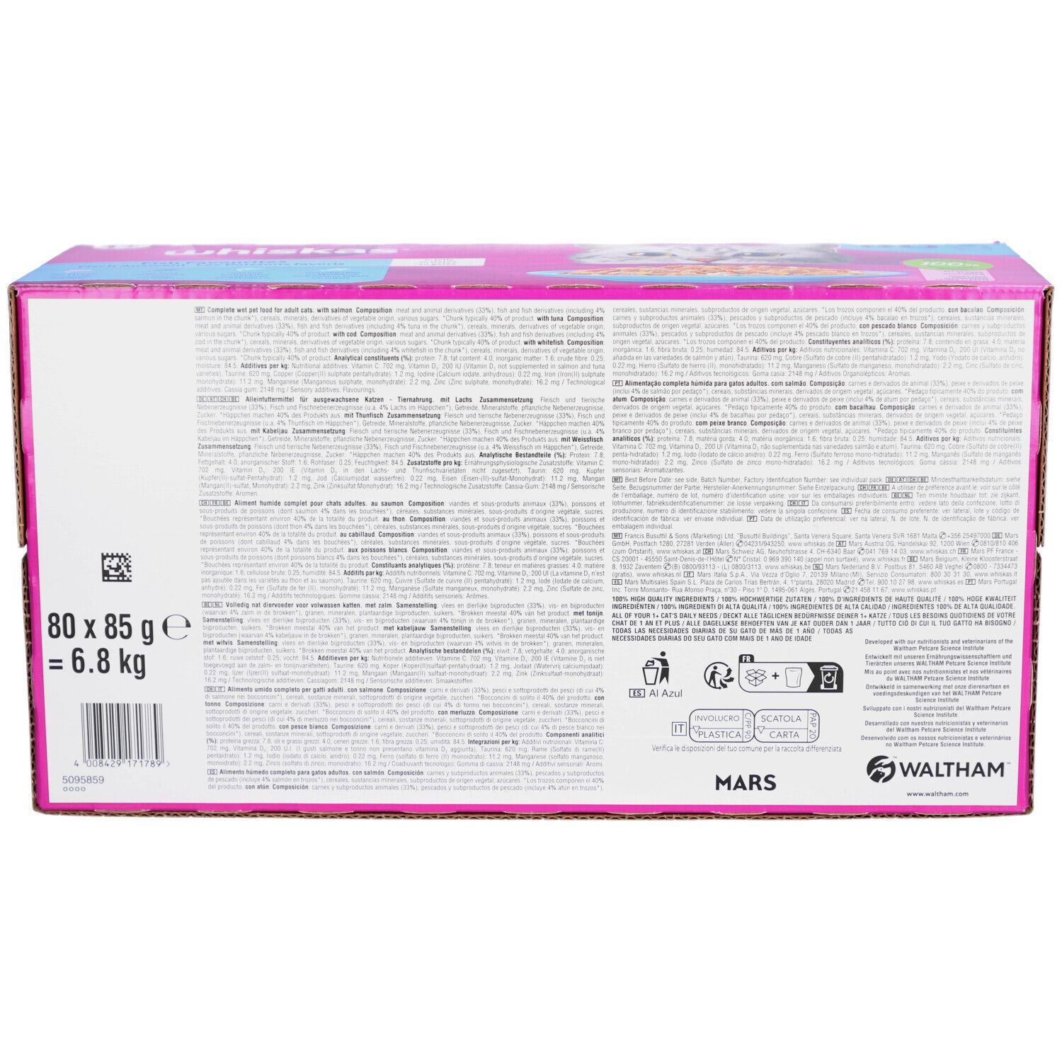 Rückseite der "whiskas"-Box. Text in mehreren Sprachen. 80 x 85 g = 6,8 kg. Logos von Mars und Waltham.