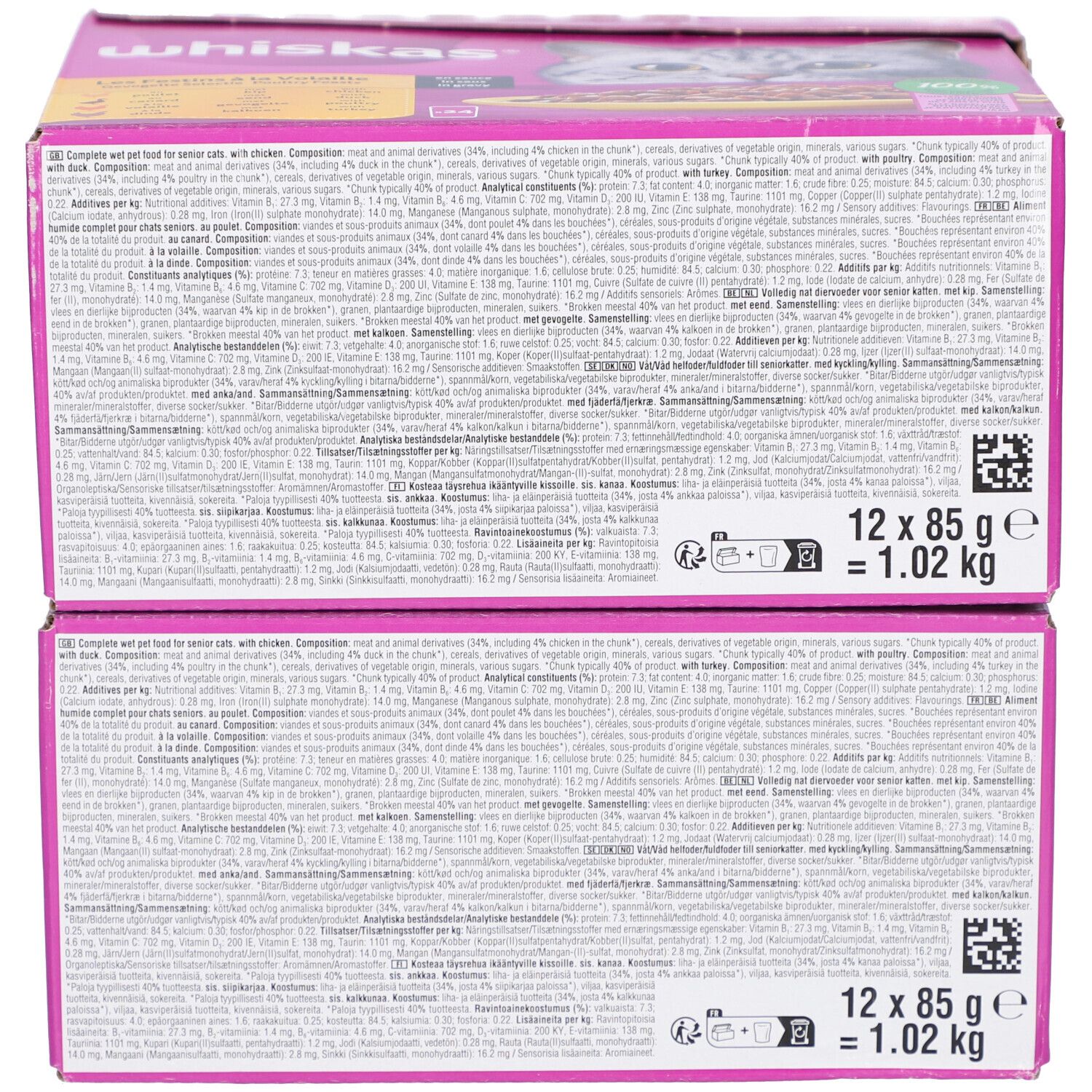 Zwei rosa Kartons mit Text und Nährwertangaben. Jede Packung enthält 12 Beutel à 85g, Gesamtgewicht 1,02 kg.