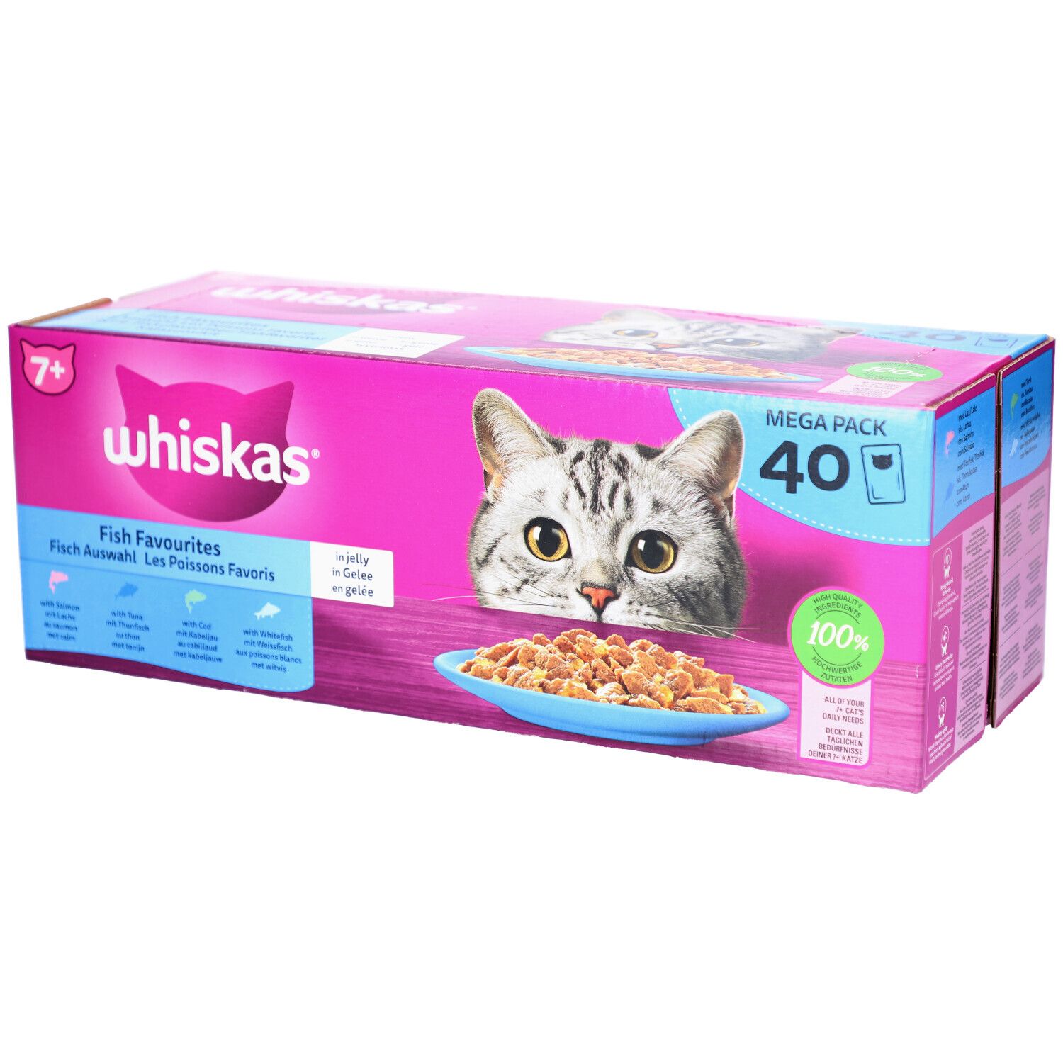 Verpackung von Whiskas 7+ Fisch-Favoriten. Rosa Karton mit Katzenabbildung und Produktinformationen. Enthält 40 Beutel.