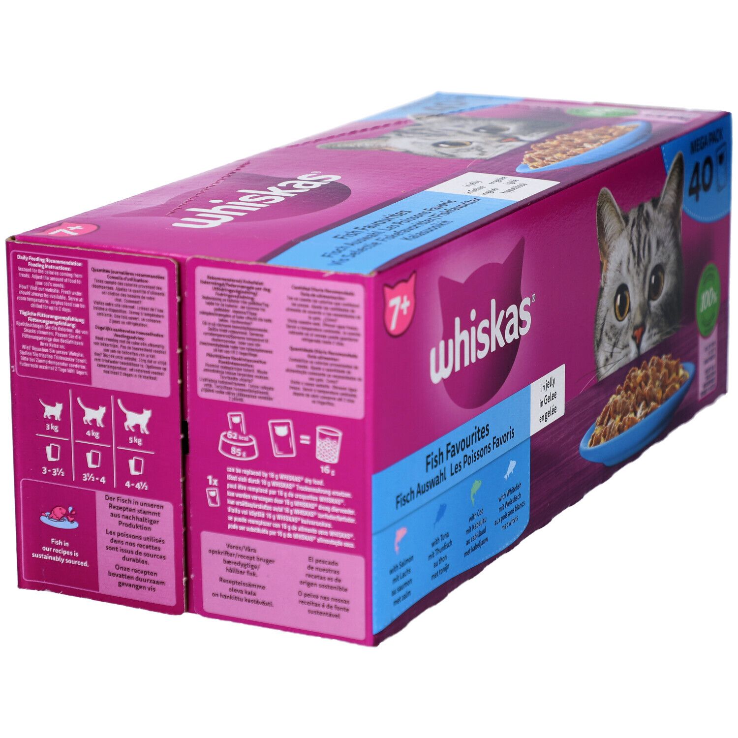 Seitenansicht der Whiskas 7+ Fisch-Favoriten Verpackung. Rosa Karton mit Produktinformationen und Katzenabbildung. Enthält 40 Beutel.