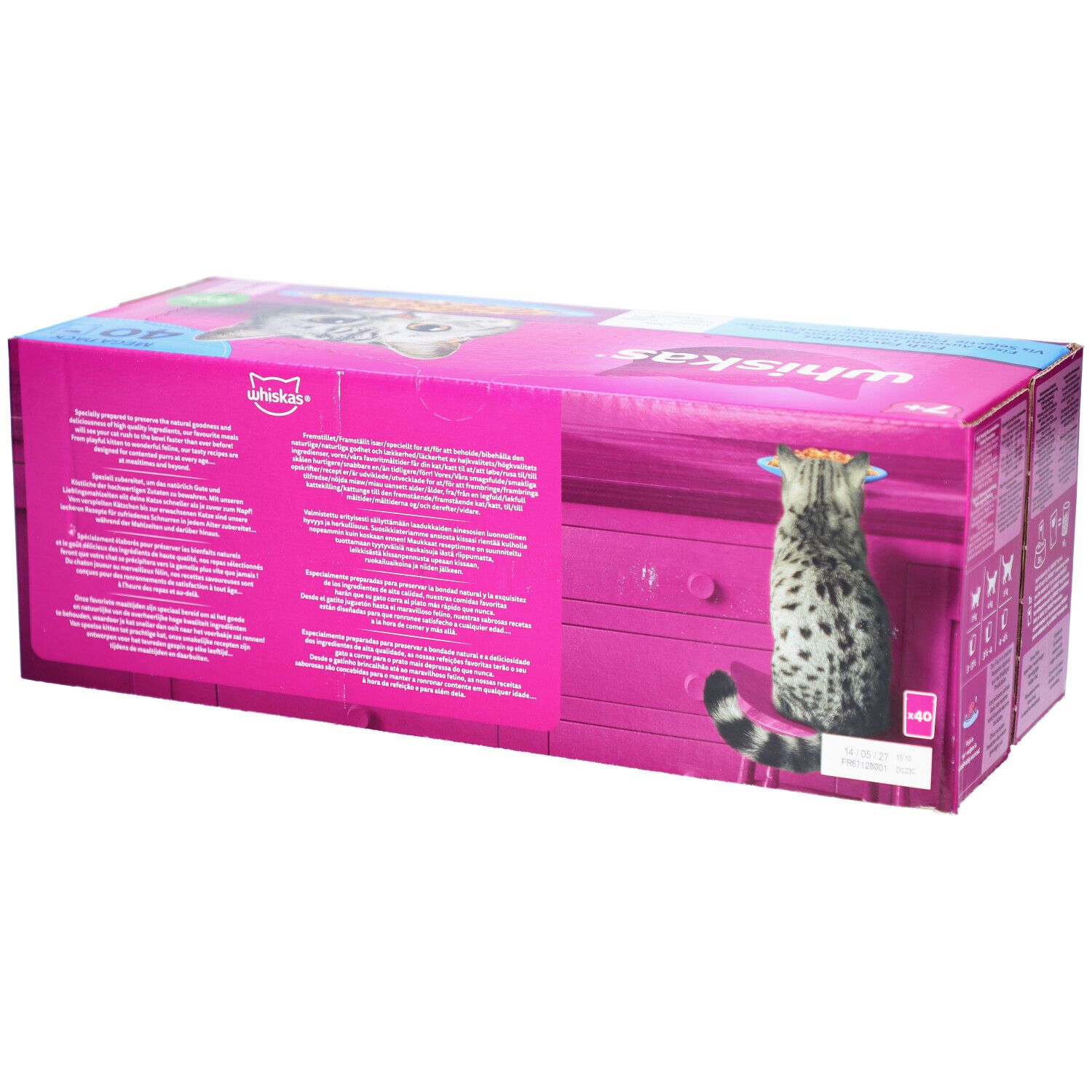 Rückseite der Whiskas 7+ Fisch-Favoriten Verpackung. Rosa Karton mit Produktinformationen und Katzenabbildung. Enthält 40 Beutel.