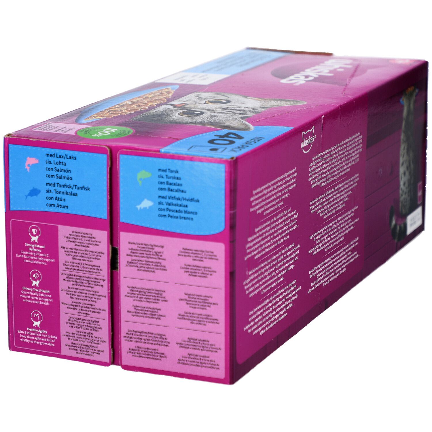 Seitenansicht der Whiskas 7+ Fisch-Favoriten Verpackung. Rosa Karton mit Produktinformationen und Katzenabbildung. Enthält 40 Beutel.