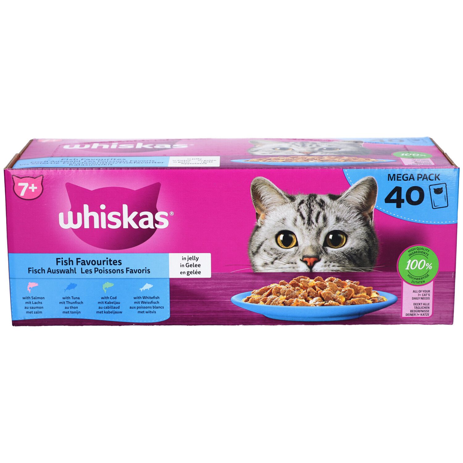 Whiskas 7+ Fisch-Favoriten Verpackung. Rosa Karton mit Katzenabbildung und Produktinformationen. Enthält 40 Beutel.