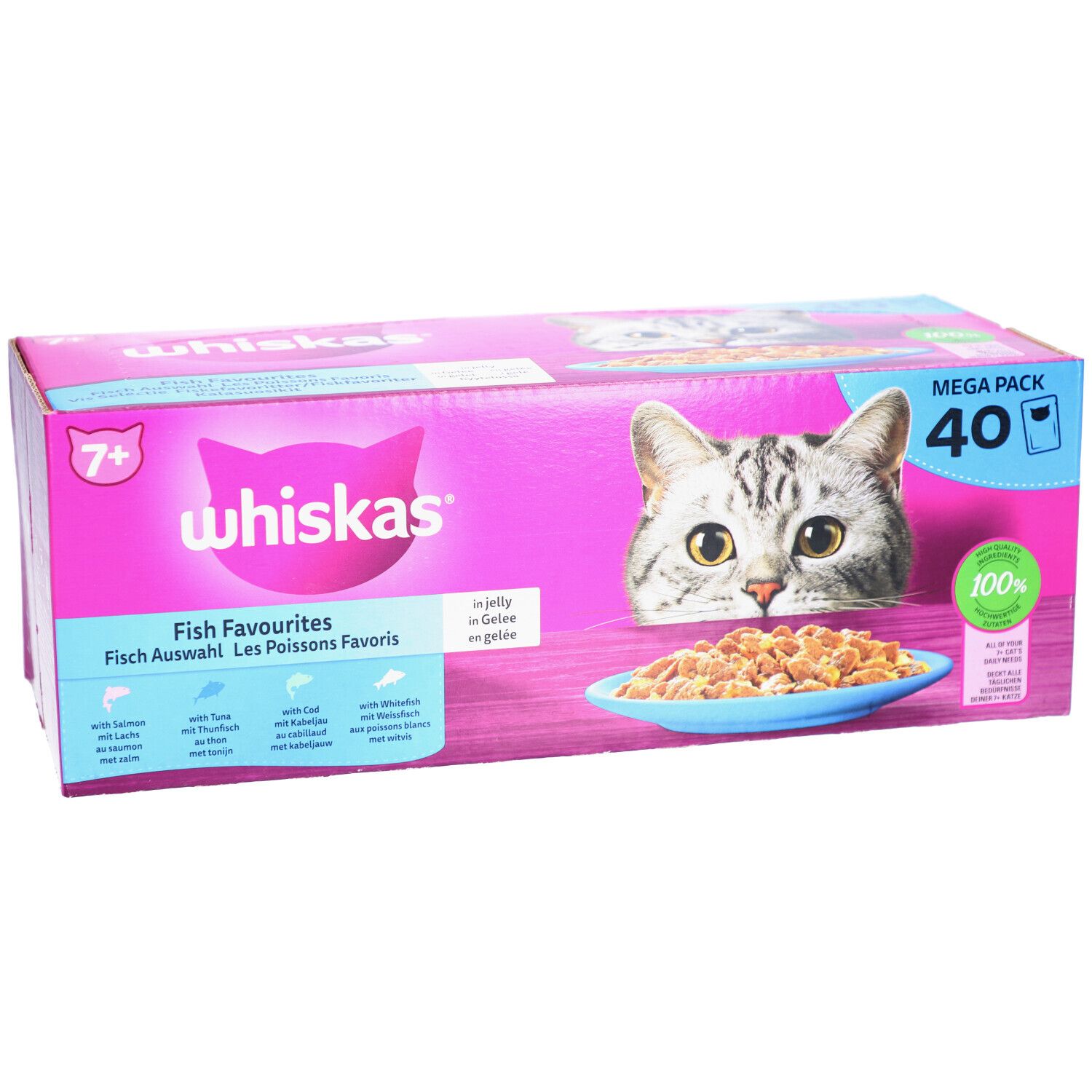 Whiskas 7+ Fisch-Favoriten Verpackung. Rosa Karton mit Katzenabbildung und Produktinformationen. Enthält 40 Beutel.