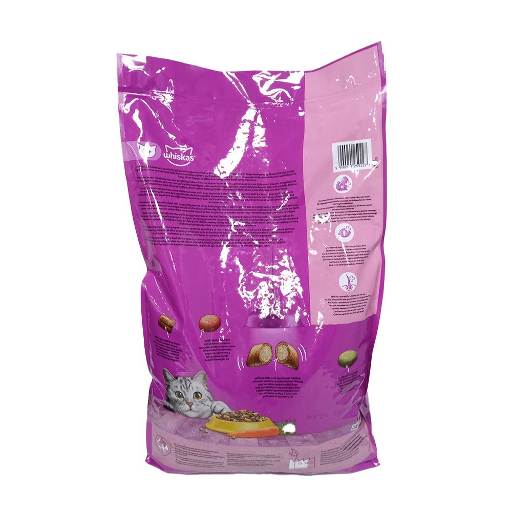 Rückseite der WHISKAS 1+ DROOG ADULT KIP Verpackung. Lila Beutel mit Text und Illustrationen. Barcode sichtbar.