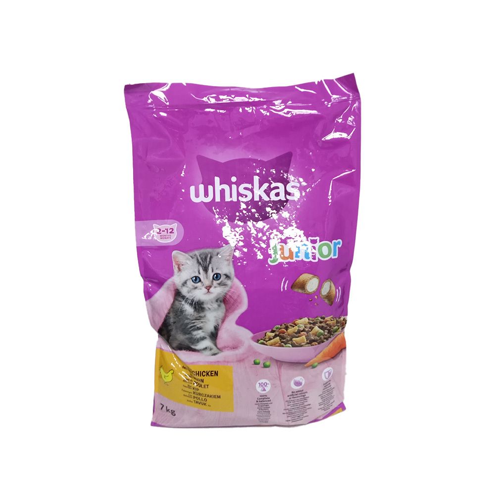 Verpackung mit Whiskas Junior Trockenfutter. Abbildung eines Kätzchens und Futter. 7 kg.