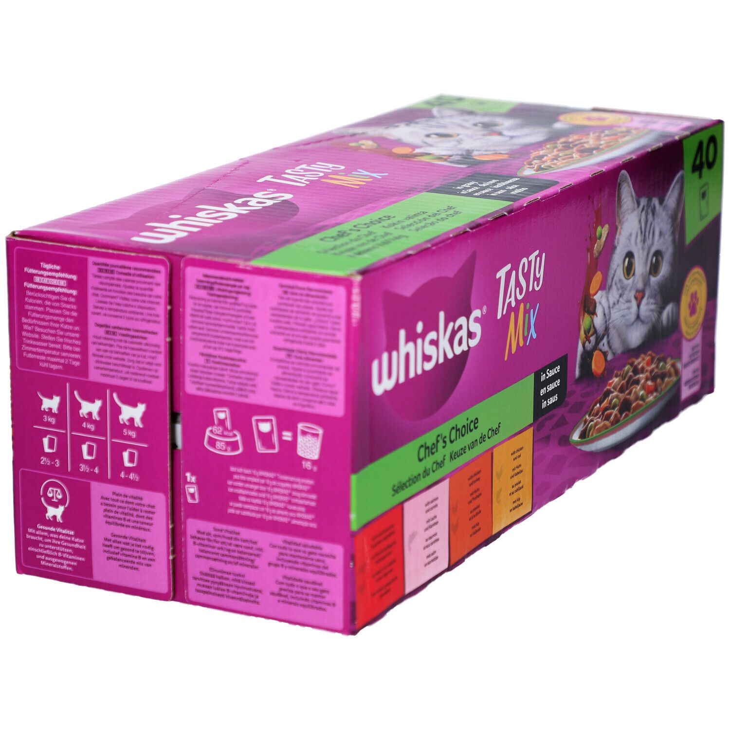 Karton WHISKAS Tasty Mix, Seitenansicht. Rosa Verpackung mit Text und Illustrationen. Enthält Informationen über das Produkt.