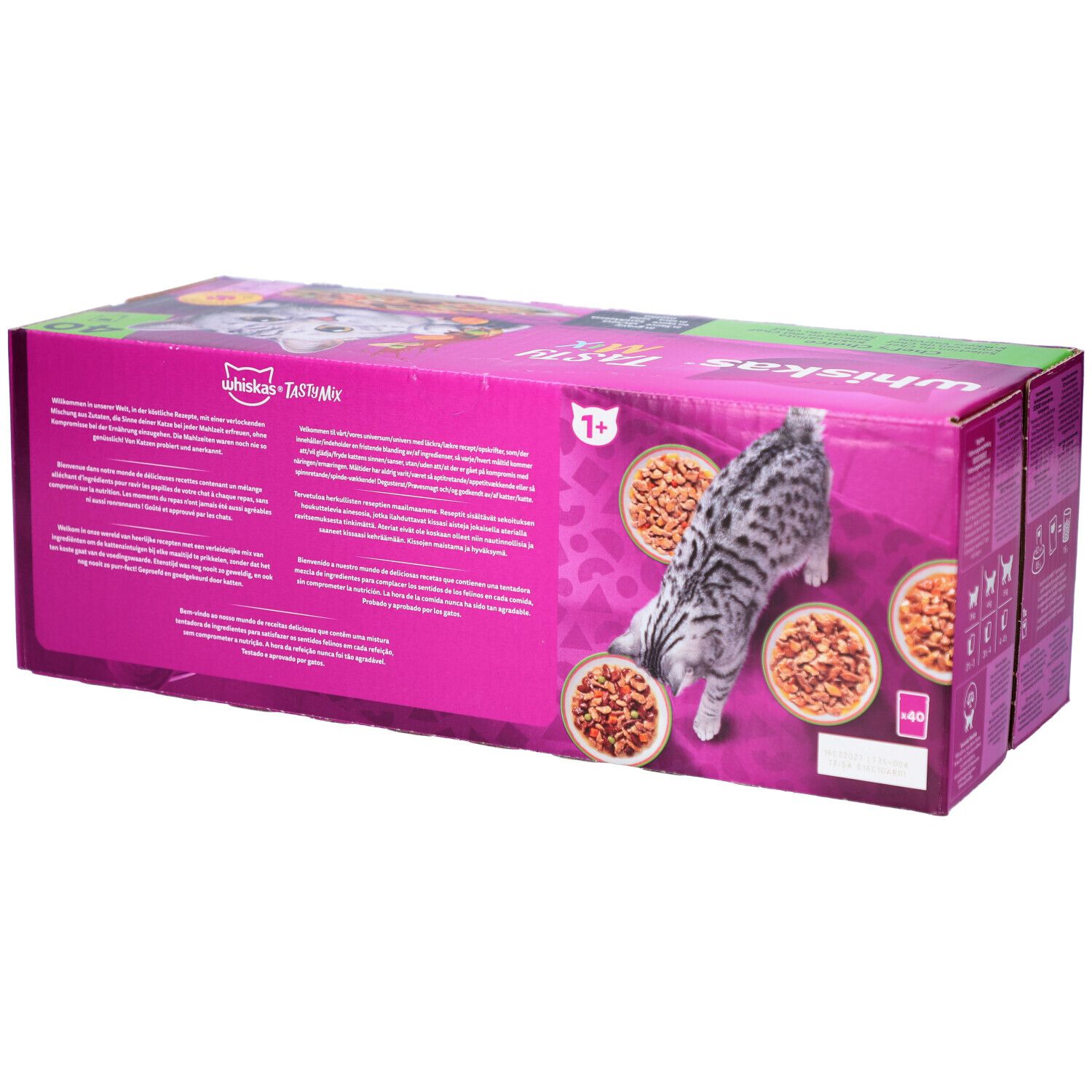 Rückseite des WHISKAS Tasty Mix Kartons. Rosa Verpackung mit Katze und Futter. Enthält Produktinformationen und Logo.