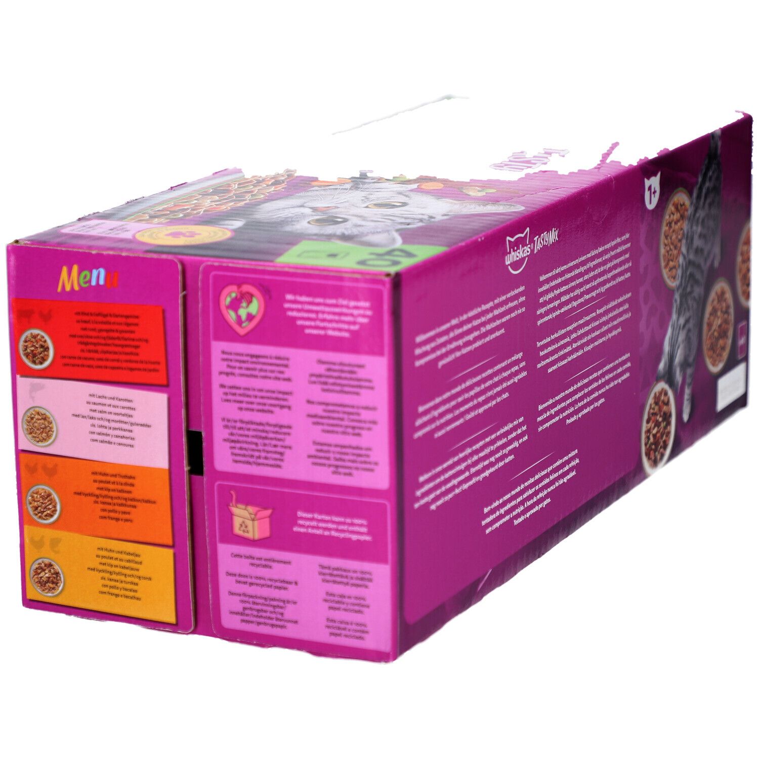 Seitenansicht des WHISKAS Tasty Mix Kartons. Rosa Verpackung mit Text und Illustrationen. Enthält Produktinformationen.