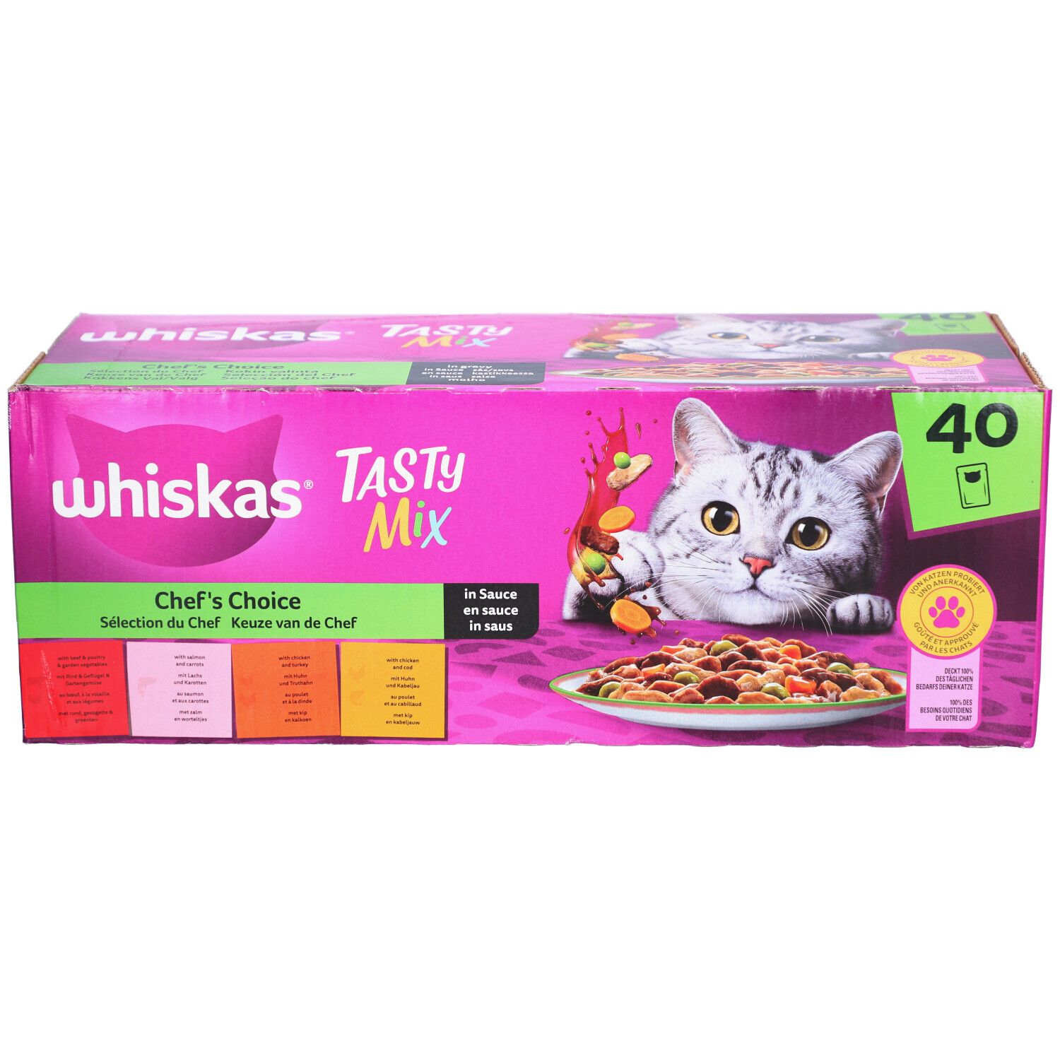 Karton WHISKAS Tasty Mix. Rosa Verpackung mit Katze und Futter. Aufschrift 'Chef's Choice'. Enthält 40 Beutel.