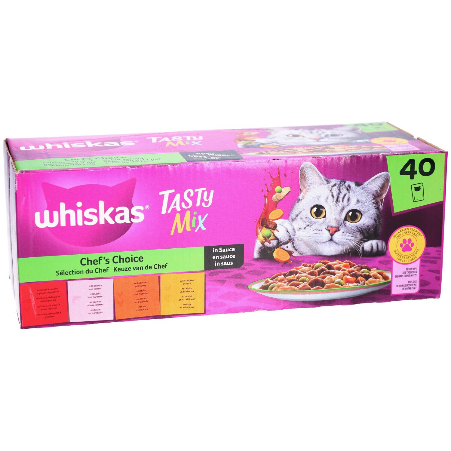 Karton WHISKAS Tasty Mix. Rosa Verpackung mit Katze und Futter. Aufschrift 'Chef's Choice'. Enthält 40 Beutel.