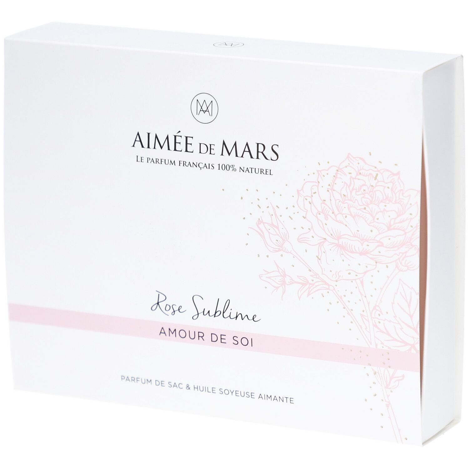 Weiße Geschenkbox mit Logo und Schriftzug. Aufschrift: Aimée de Mars, Rose Sublime, Amour de Soi. Rosafarbenes Rosendesign.