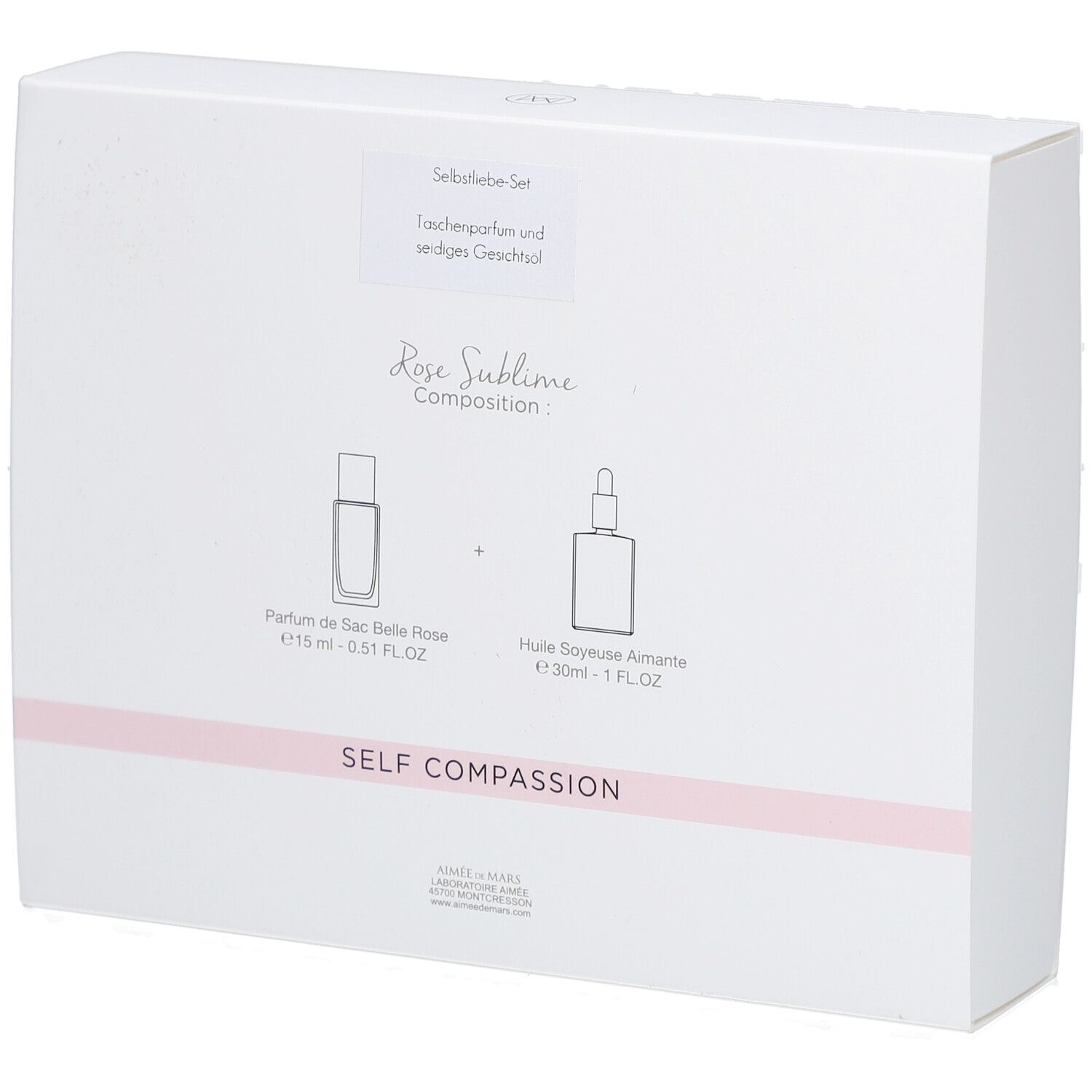 Rückseite der weißen Geschenkbox. Aufschrift: Rose Sublime, Self Compassion. Abbildung von zwei Flakons.