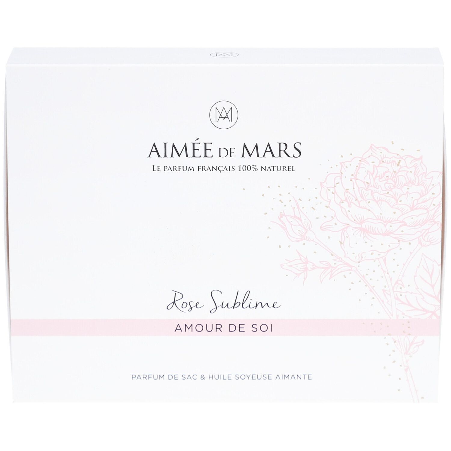 Weiße Geschenkbox mit Logo und Schriftzug. Aufschrift: Aimée de Mars, Rose Sublime, Amour de Soi. Rosafarbenes Rosendesign.