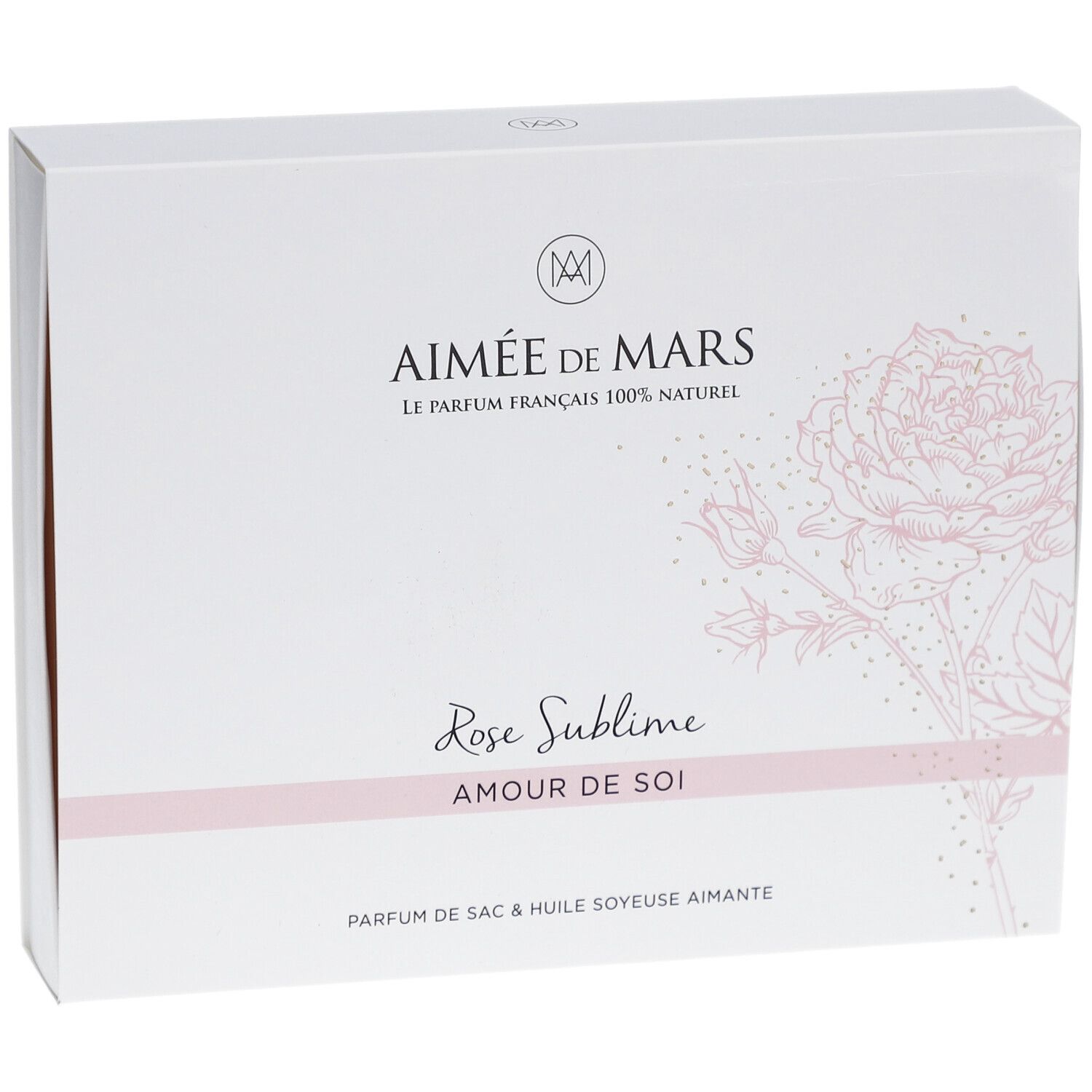 Weiße Geschenkbox mit Logo und Schriftzug. Aufschrift: Aimée de Mars, Rose Sublime, Amour de Soi. Rosafarbenes Rosendesign.