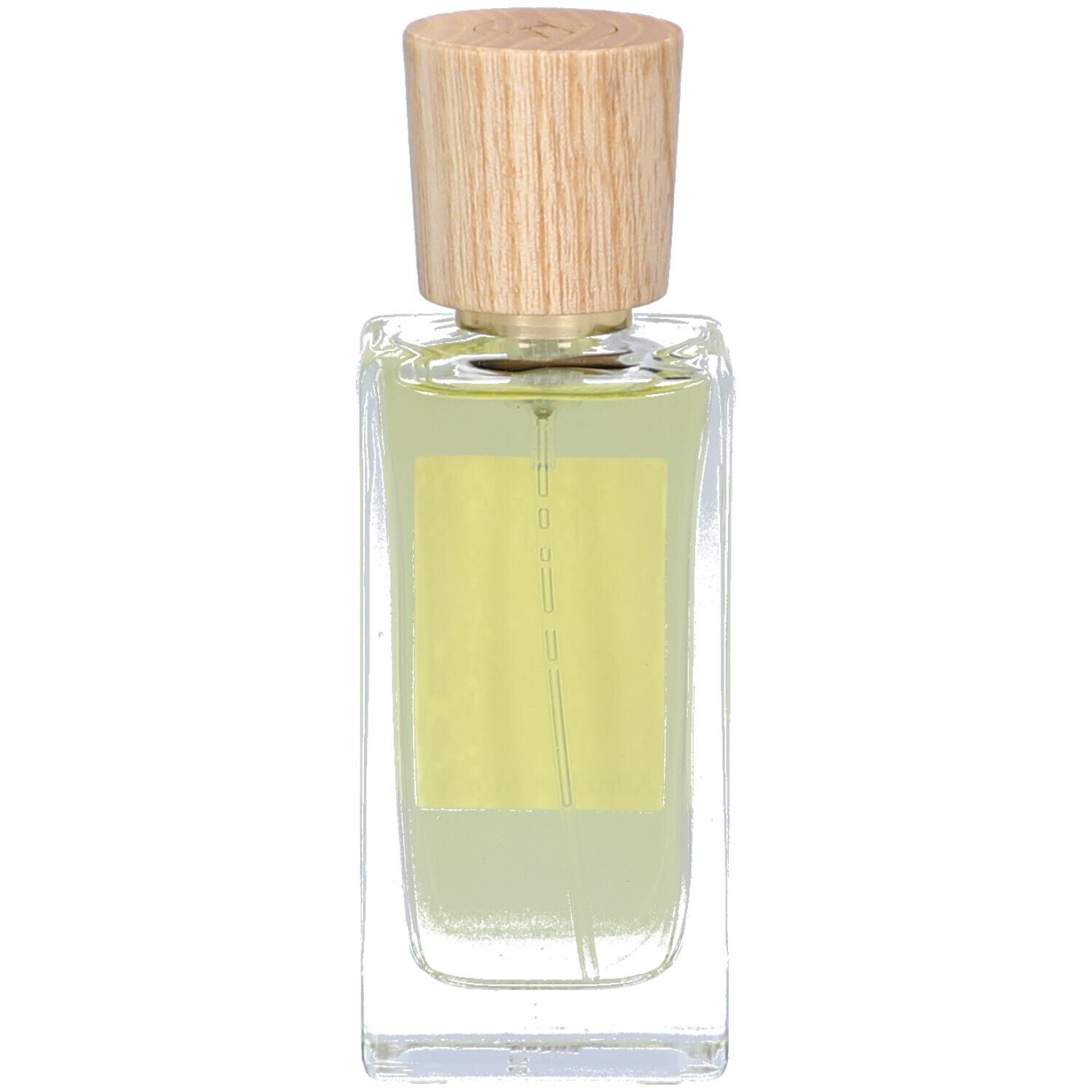 Rechteckiger Flakon mit hellem Inhalt und Holzverschluss. Aufkleber mit Text.