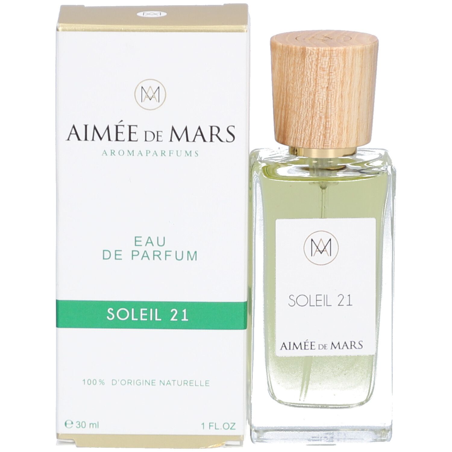 Produkt und Verpackung. Flakon und Karton. Auf Karton: AIMÉE DE MARS, EAU DE PARFUM, SOLEIL 21. Logo: M. Zertifizierung.