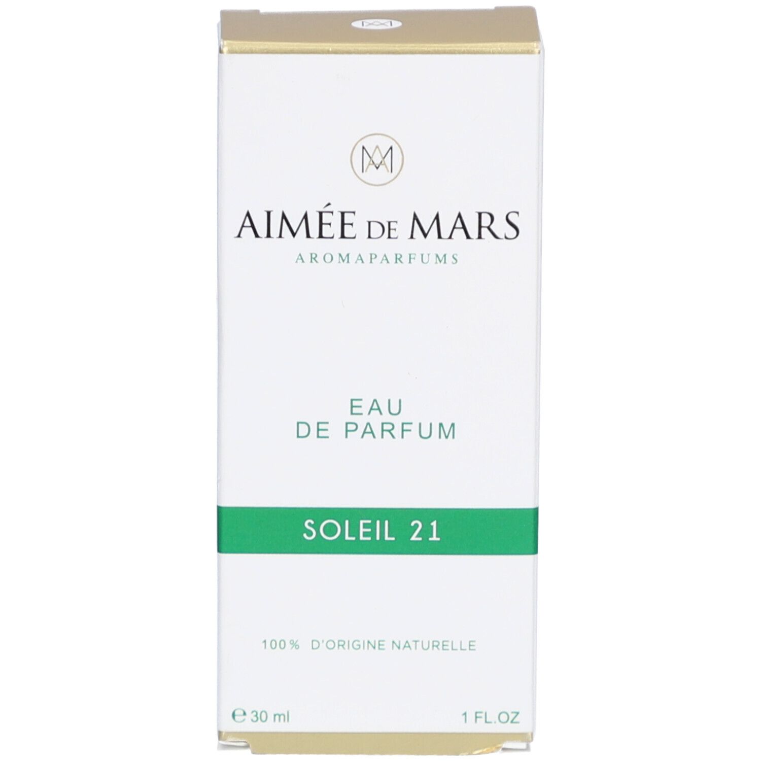 Kartonverpackung. Aufschrift: AIMÉE DE MARS, EAU DE PARFUM, SOLEIL 21. Logo: M. Zertifizierung.