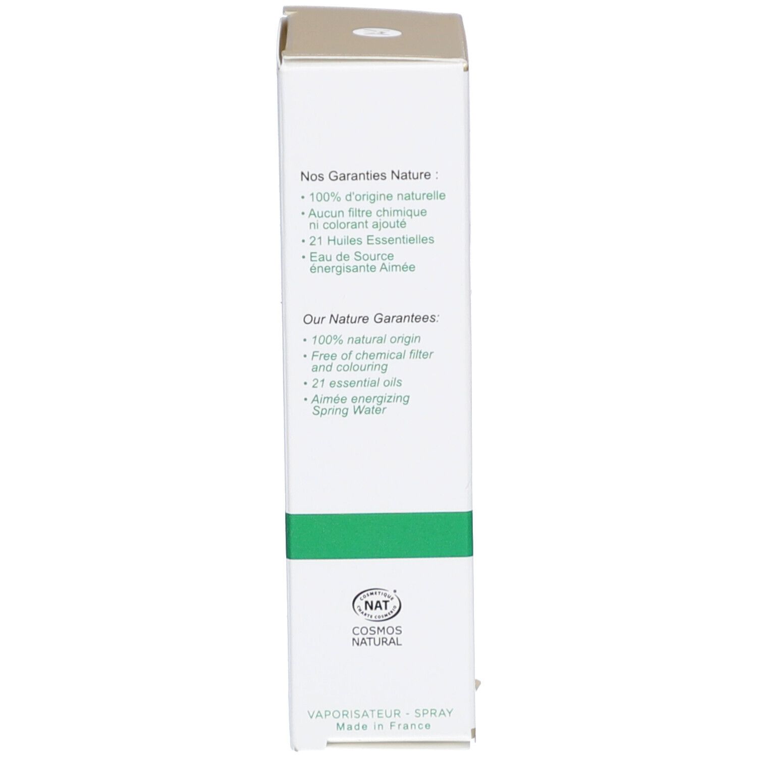 Kartonseite mit Text in Englisch und Französisch. Zertifizierung COSMOS NATURAL. Auflistung von Inhaltsstoffen.