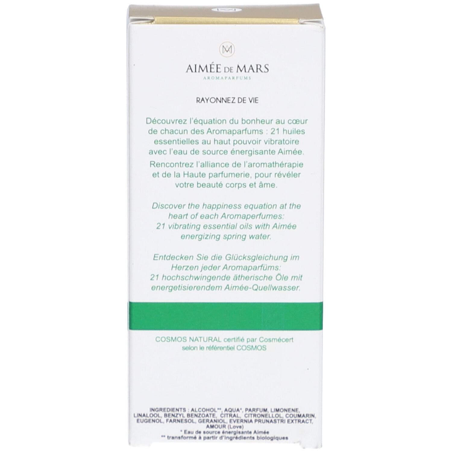 Kartonseite mit Text in Französisch und Deutsch. Zertifizierung COSMOS NATURAL. Auflistung von Inhaltsstoffen.