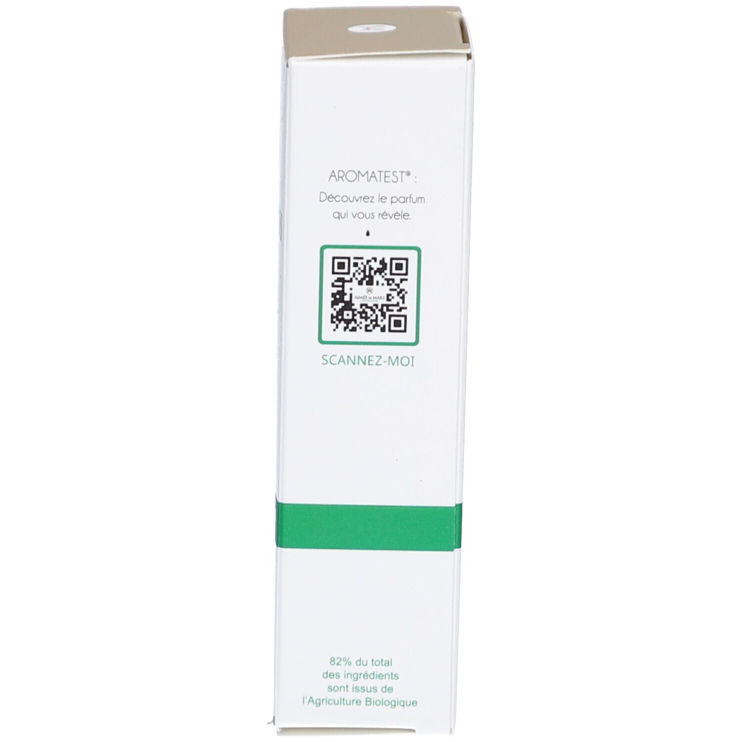 Kartonseite mit QR-Code und Text. Text: AROMATEST. Zertifizierung COSMOS NATURAL. Inhaltsstoffe.