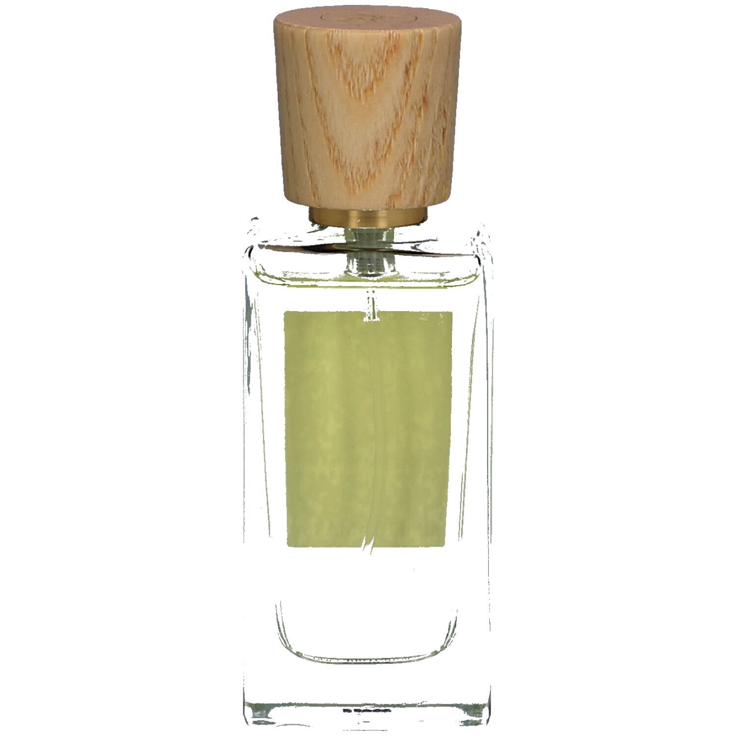 Glasflakon mit Holzdeckel. Etikett mit grünem Hintergrund. Flüssigkeit im Flakon.