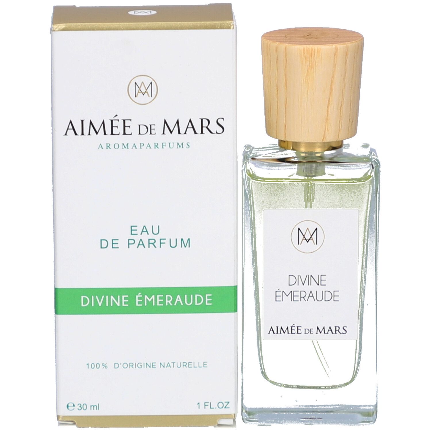 Produktverpackung und Flakon. Weißer Karton mit Logo, Schriftzug „Aimée de Mars“ und „Divine Émeraude“. Flakon mit Holzdeckel.