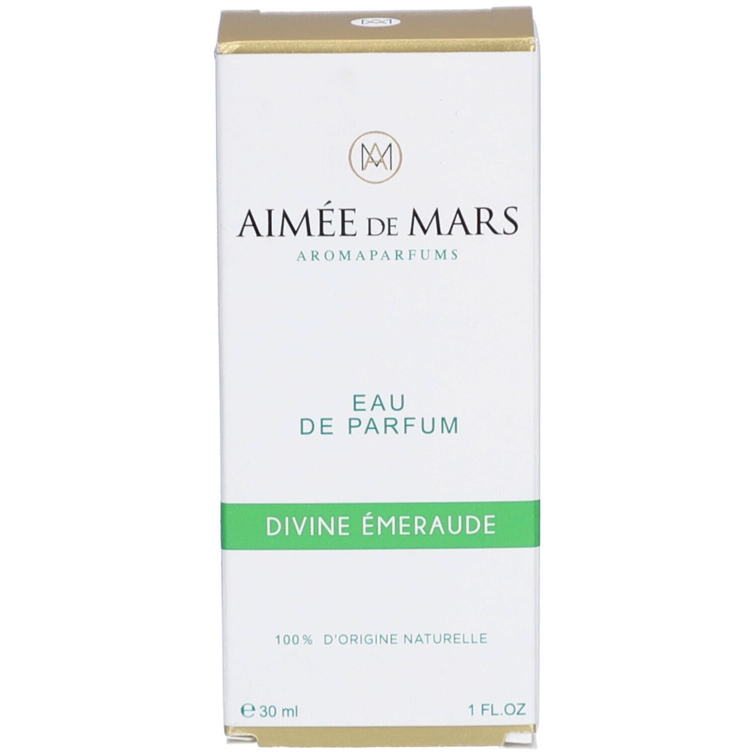 Weiße Produktverpackung. Logo, Schriftzug „Aimée de Mars“ und „Divine Émeraude“. Grüne Linie. Text: „100% d'origine naturelle“.