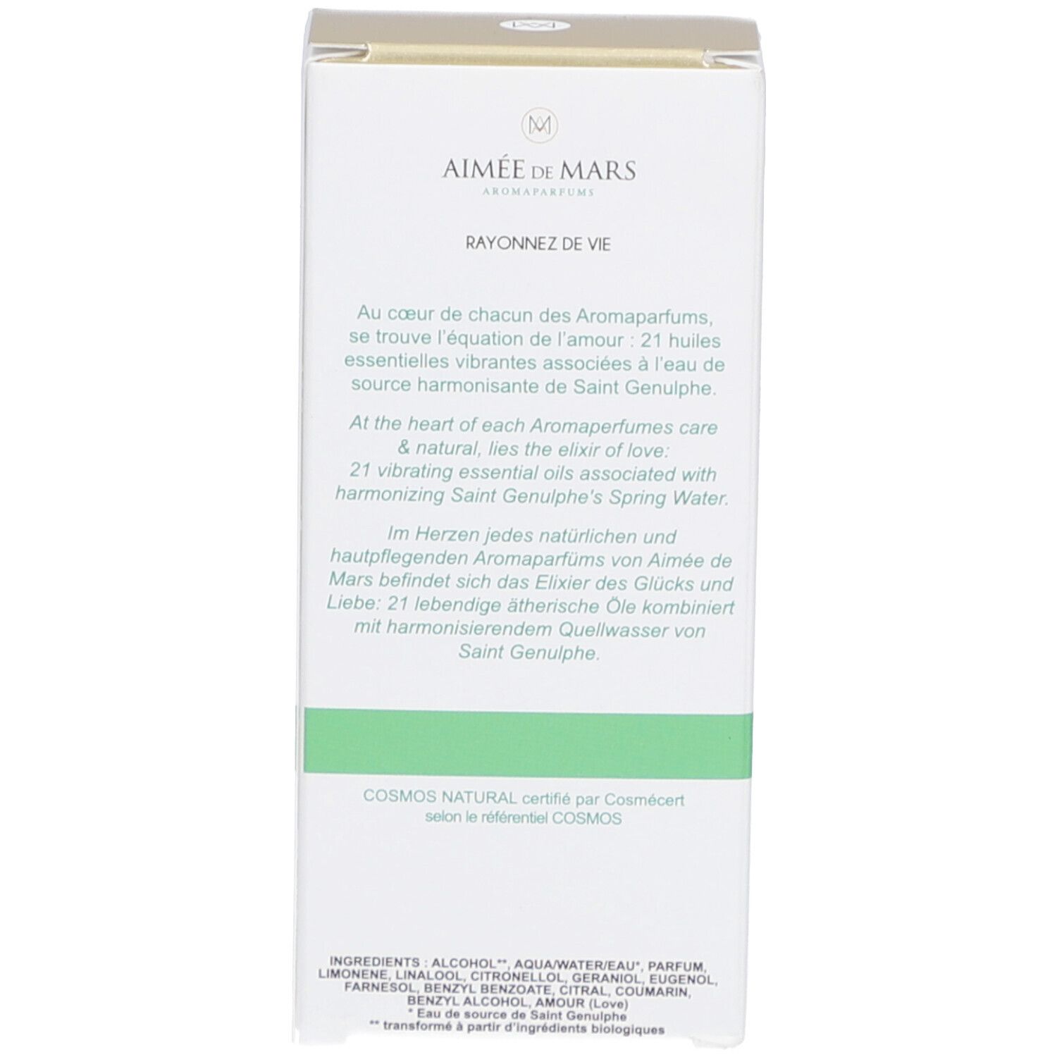 Produktverpackung, Seite. Text über Inhaltsstoffe und Zertifizierung „Cosmos Natural“. Grüne Linie.