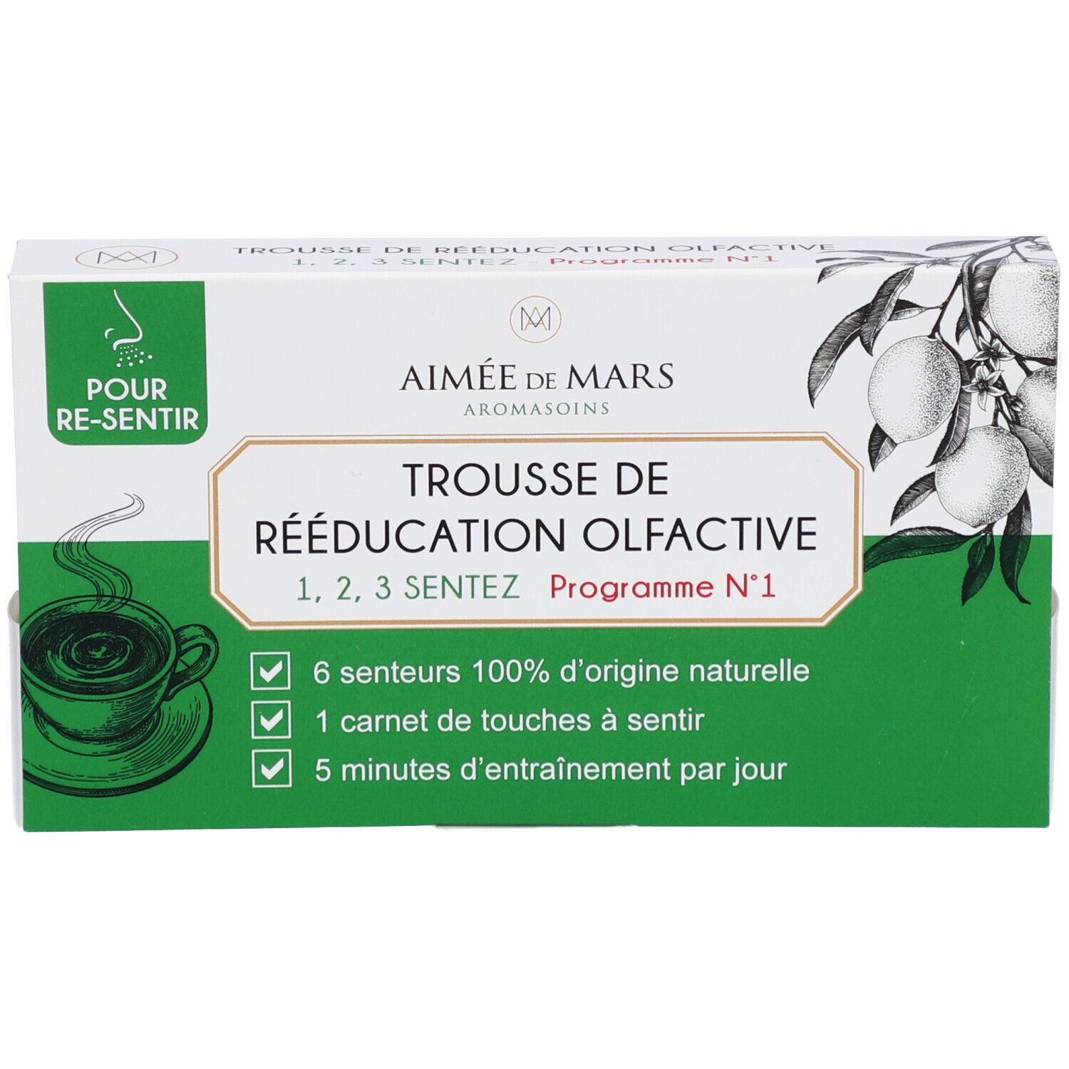 Grüne Schachtel mit Produktinformationen. Text: Aimée de Mars, Trousse de Rééducation Olfactive, 1, 2, 3 Sentez. Abbildung einer Tasse.
