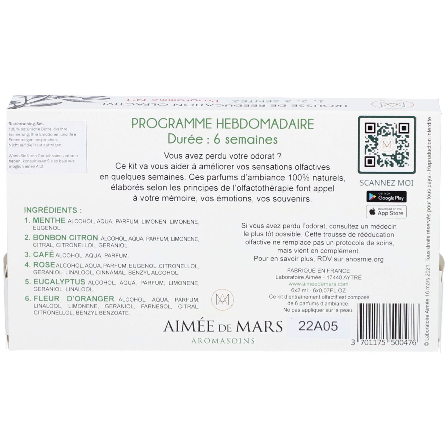 Rückseite der Schachtel. Text: Aimée de Mars, Programm Hebdomadaire, Inhaltsstoffe, QR-Code, Hergestellt in Frankreich.