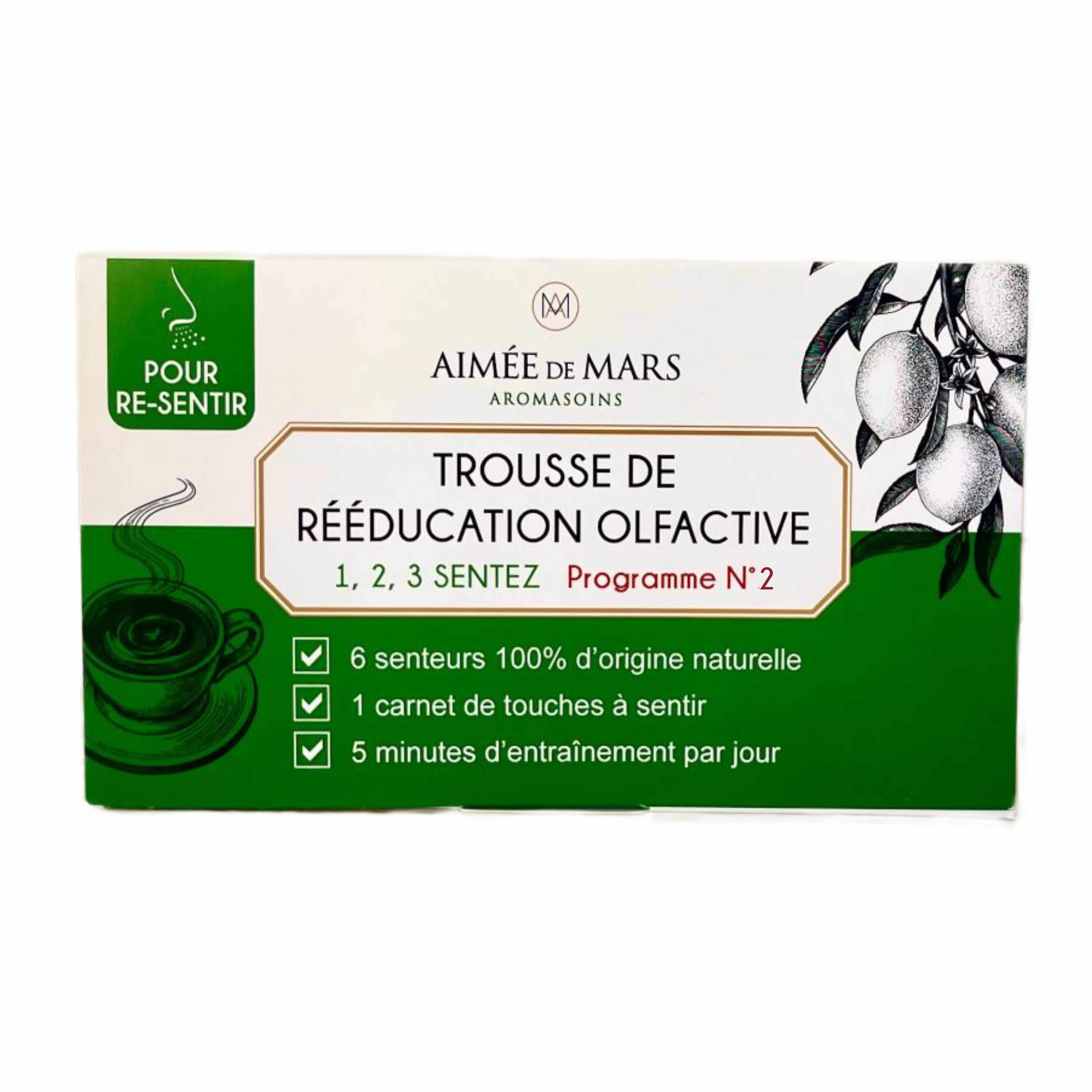 Verpackung mit Text: „Aimée de Mars Aromasoins“. „Trousse de rééducation olfactive“. Grün-weißes Design mit Illustrationen.