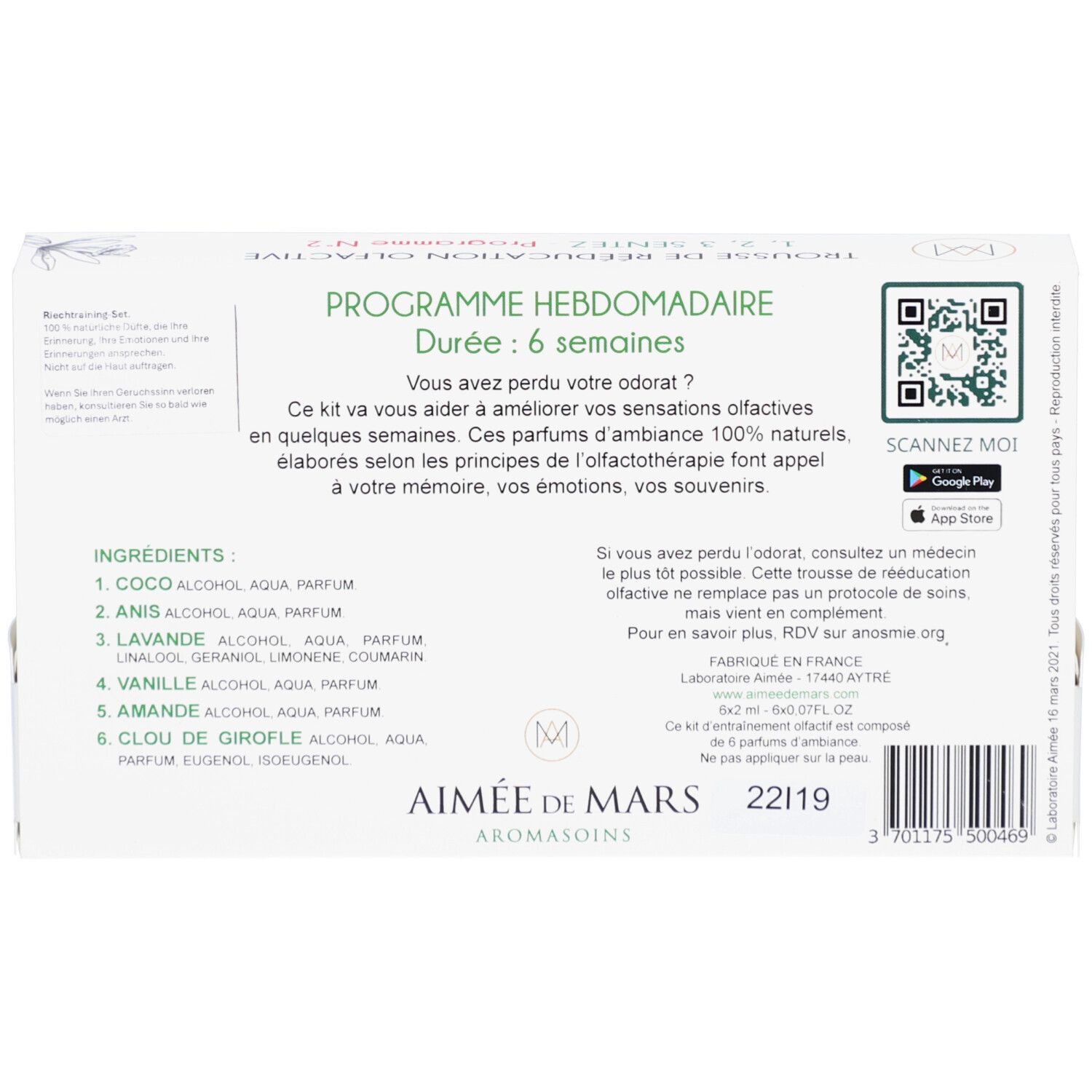 Rückseite der Verpackung. Text: Programm hebdomadaire. Inhaltsstoffe, QR-Code, Herstellerinformationen. Weißer Hintergrund.