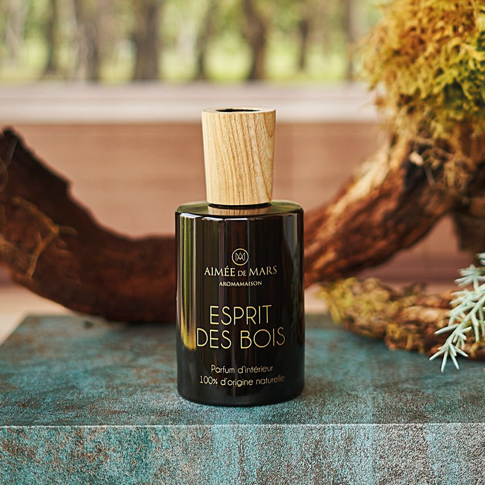 Braune Glasflasche mit Holzverschluss, vor einem Ast und Pflanzen. Aufschrift: Esprit des Bois, Parfum d'intérieur.