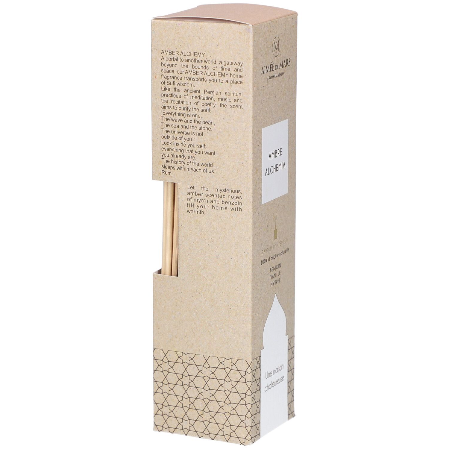 Kartonverpackung mit Produkt und Stäbchen. Text: Ambre Alchemia. Enthält Stäbchen zur Duftverbreitung.