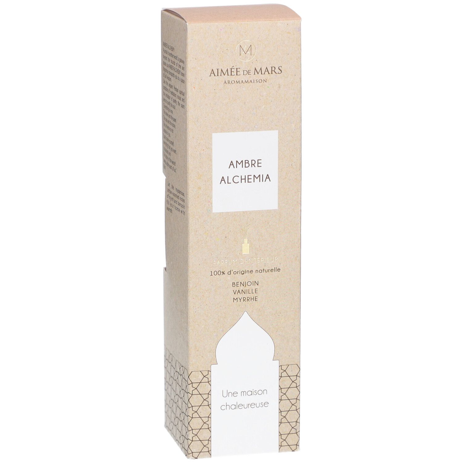Kartonverpackung mit Produktnamen und Logo. Text: Ambre Alchemia, 100% d'origine naturelle, Benjoin, Vanille, Myrrhe.