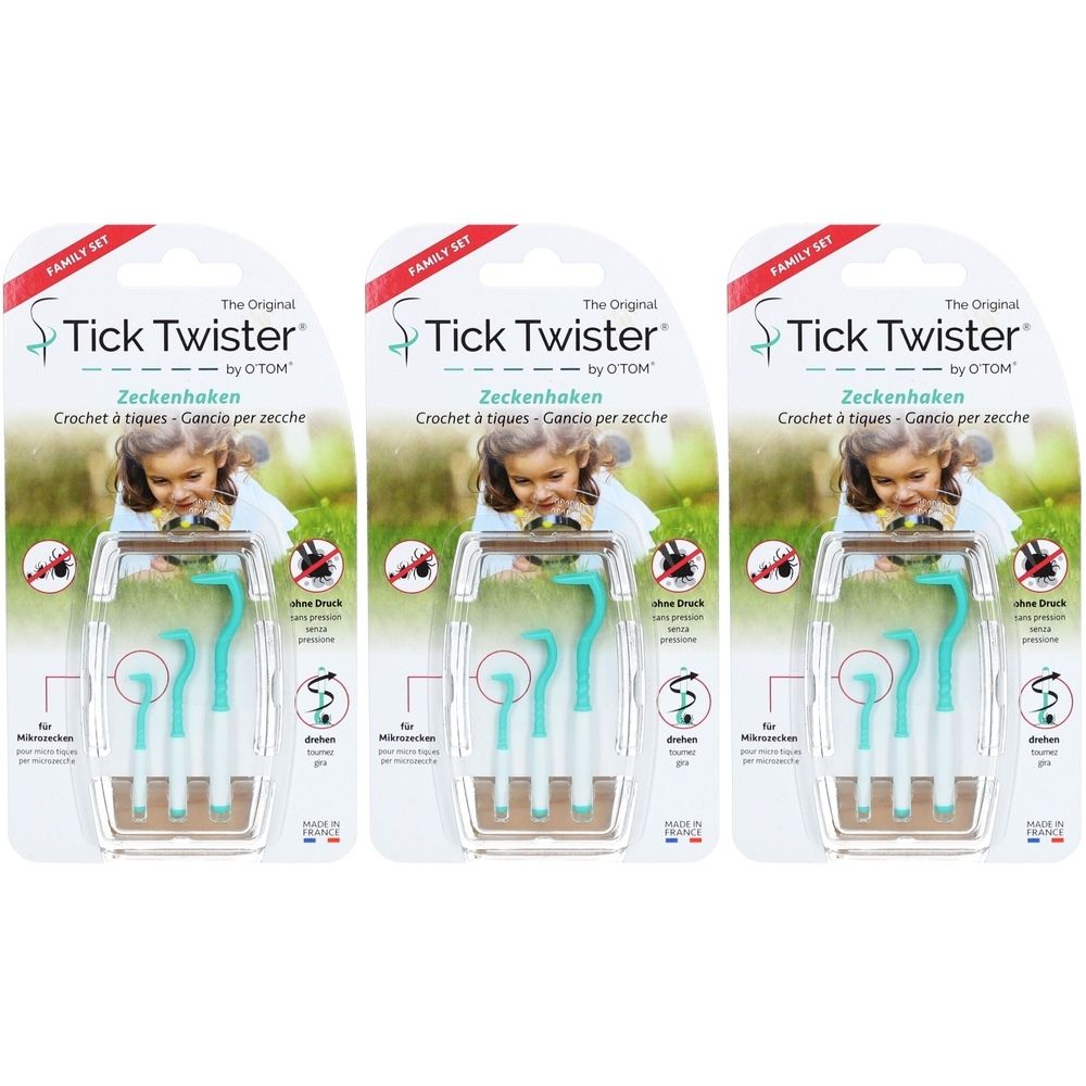 Drei Packungen O'TOM Tick Twister Zeckenhaken. Jede Packung enthält zwei Haken in Türkis und Weiß. Verpackung mit Produktabbildung.