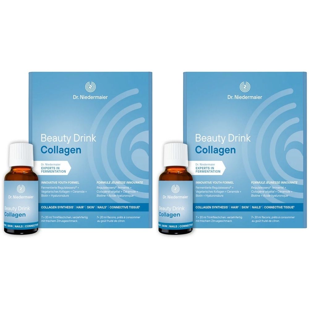 Deux boîtes de Beauty Drink Collagen avec flacons. Emballage bleu avec nom du produit et flacons avec bouchon blanc et liquide brun.