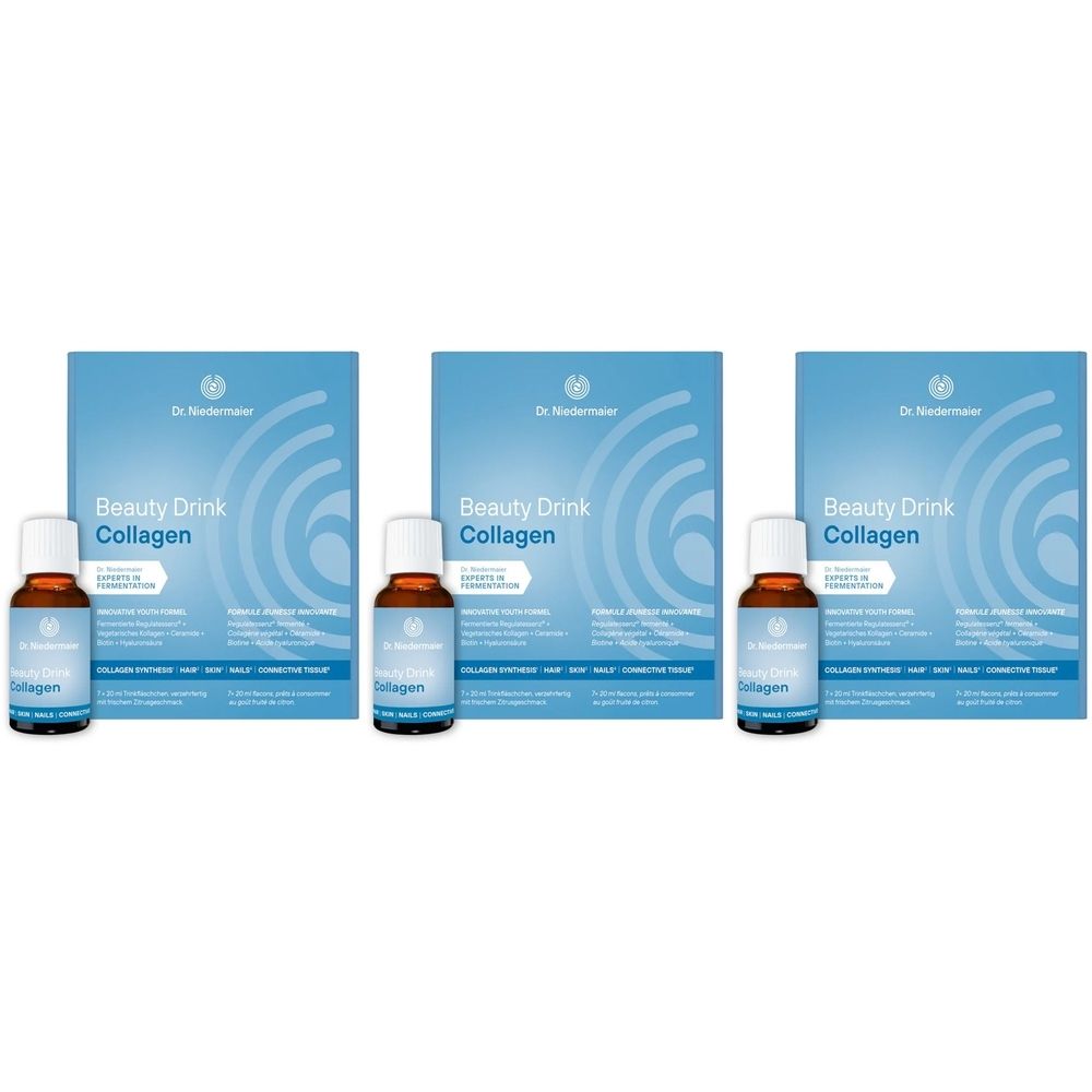 Trois emballages et flacons. Sur les emballages, on lit "Beauty Drink Collagen" et "Dr. Niedermaier". Les flacons sont bruns.