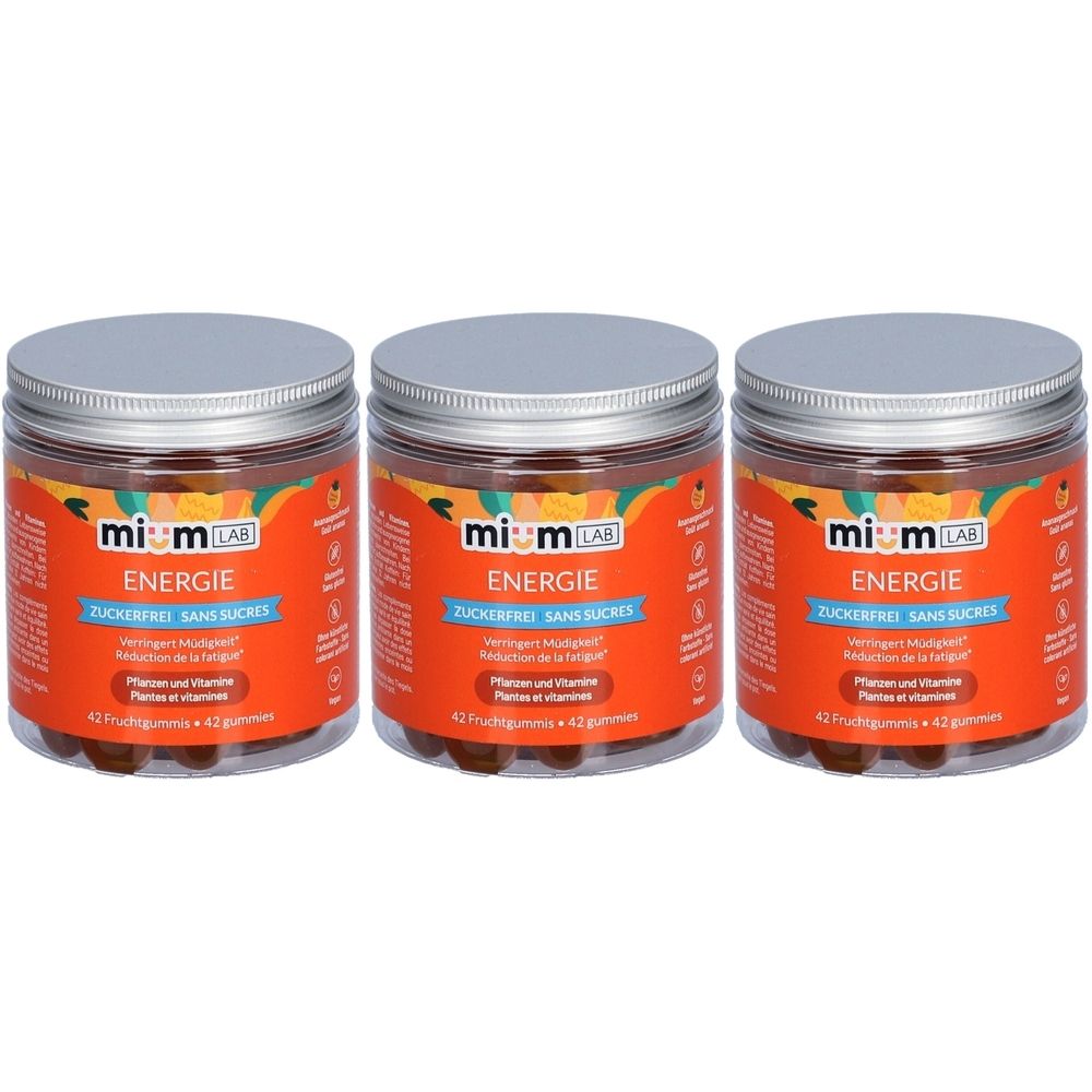 Drei Gläser mit silbernen Deckeln. Auf den Etiketten steht "miamLAB Energie", "Zuckerfrei" und "42 Fruchtgummis".