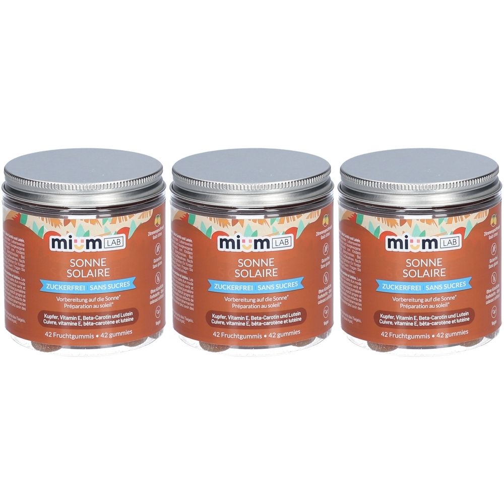 Drei Gläser miumLAB Gummies Solar. Braune Gläser mit silbernen Deckeln. Aufschrift: Sonne Solaire, zuckerfrei. 42 Gummies.