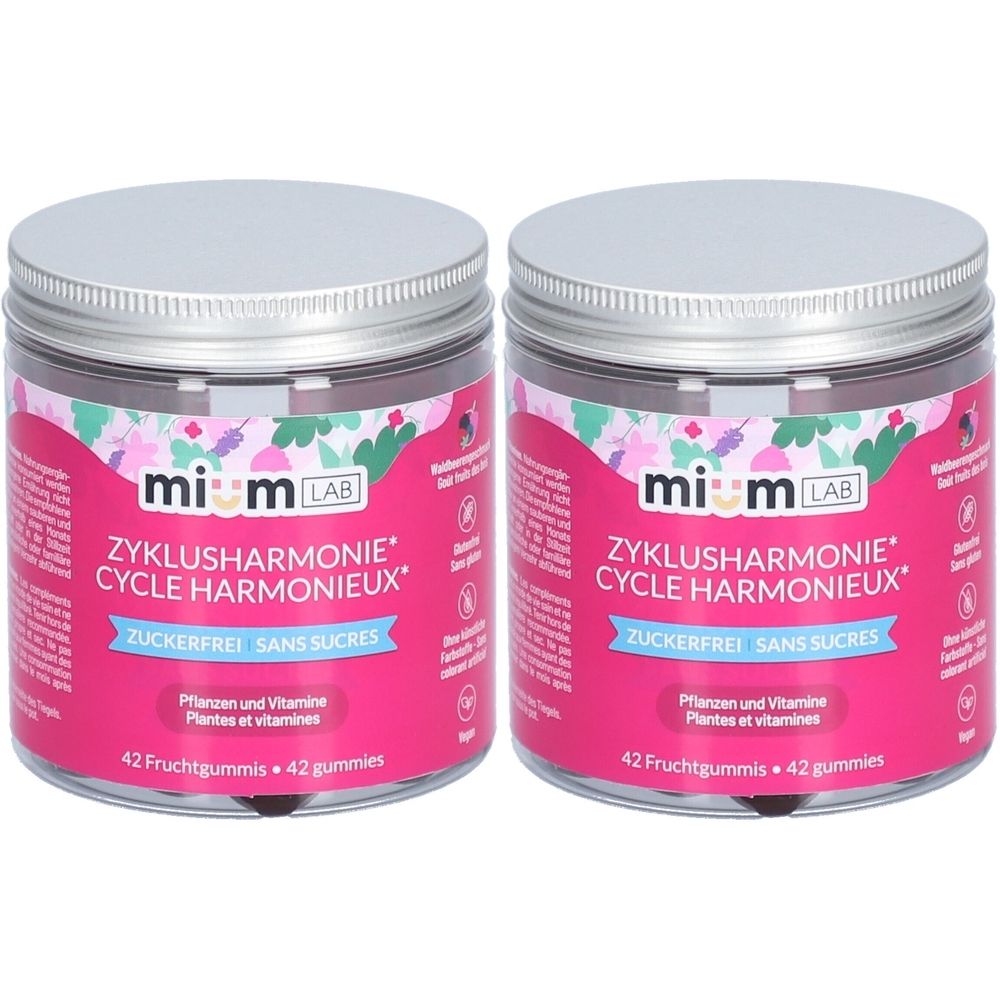 Deux boîtes de MIUMLAB Gummies Zyklusharmonie. Étiquette rose avec texte: Zyklusharmonie, sans sucre, plantes et vitamines. 42 gommes.